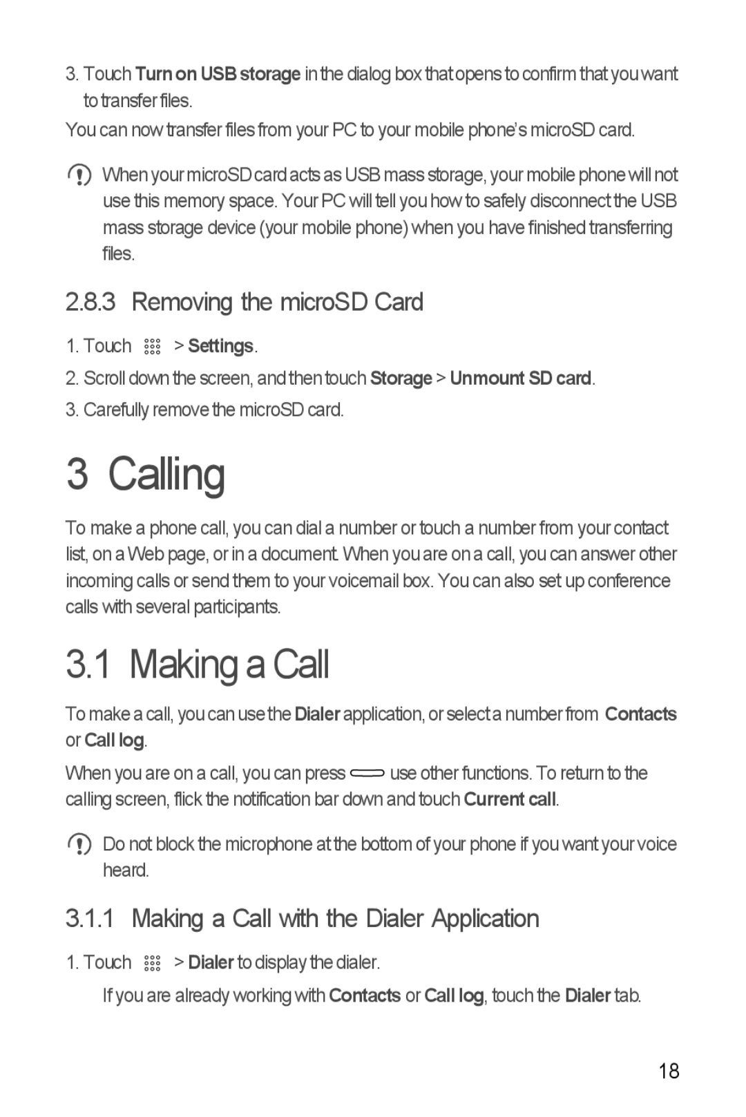 Huawei U8510 manual Calling, Removing the microSD Card, Making a Call with the Dialer Application, Touch Settings 