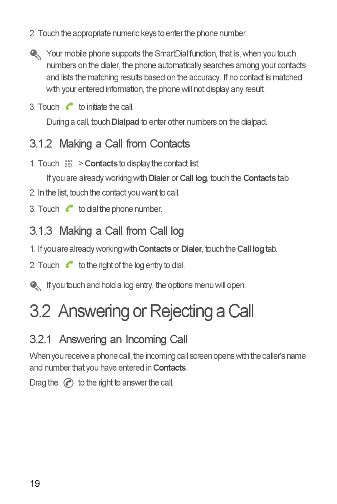 Huawei U8510 manual Answering or Rejecting a Call, Making a Call from Contacts, Making a Call from Call log 