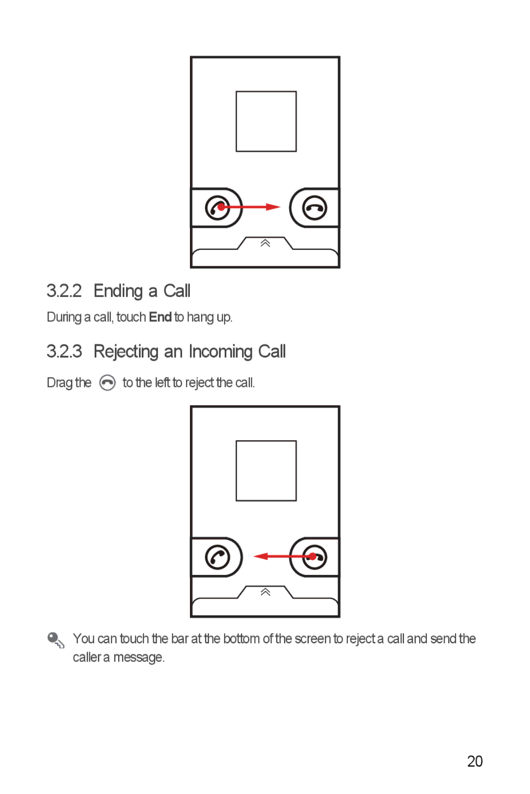 Huawei U8510 manual Ending a Call, Rejecting an Incoming Call 