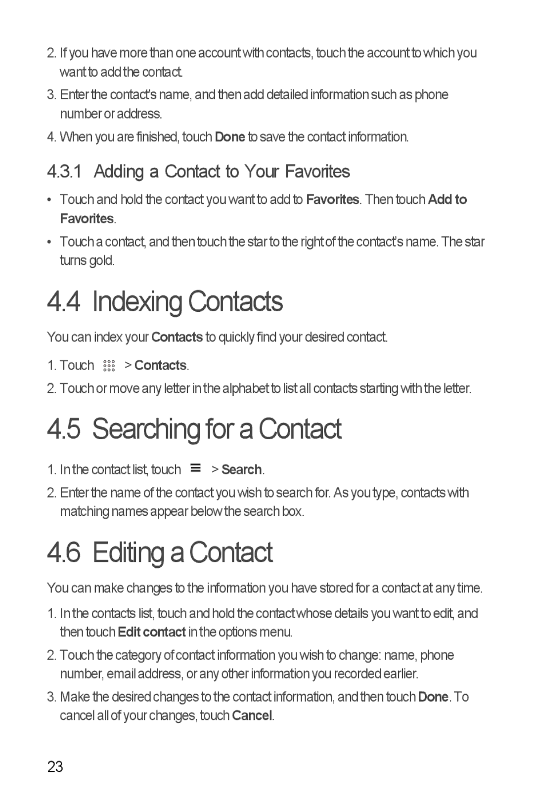 Huawei U8510 manual Indexing Contacts, Searching for a Contact, Editing a Contact, Adding a Contact to Your Favorites 