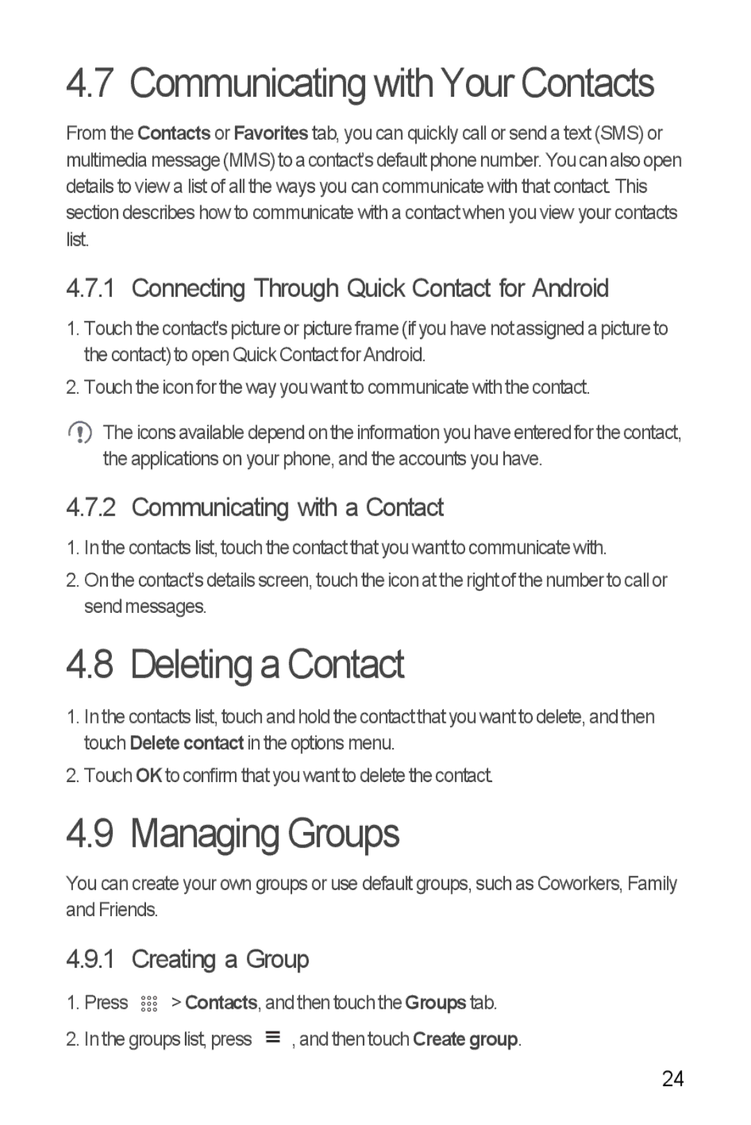 Huawei U8510 manual Communicating with Your Contacts, Deleting a Contact, Managing Groups 