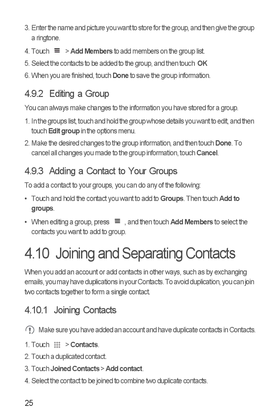 Huawei U8510 manual Joining and Separating Contacts, Editing a Group, Adding a Contact to Your Groups, Joining Contacts 