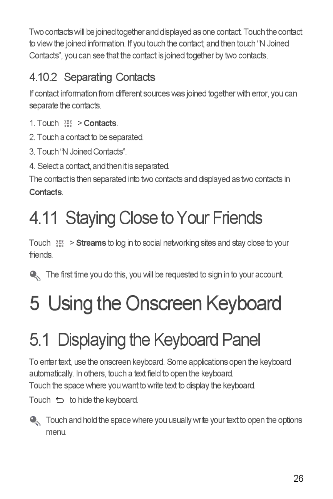 Huawei U8510 manual Using the Onscreen Keyboard, Staying Close to Your Friends, Displaying the Keyboard Panel, Contacts 