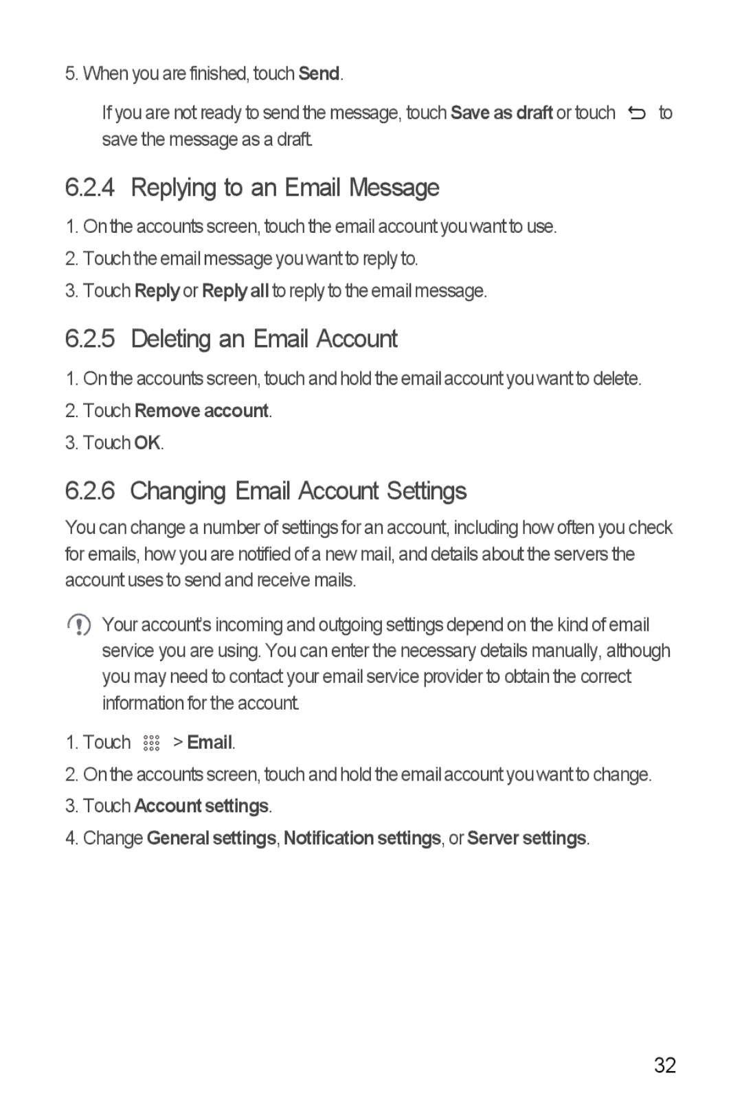 Huawei U8510 manual Replying to an Email Message, Deleting an Email Account, Changing Email Account Settings 