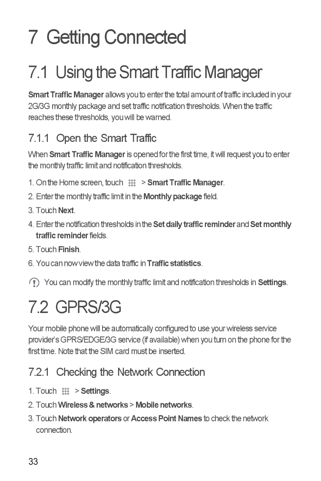 Huawei U8510 manual Getting Connected, Using the Smart Traffic Manager, GPRS/3G, Open the Smart Traffic 