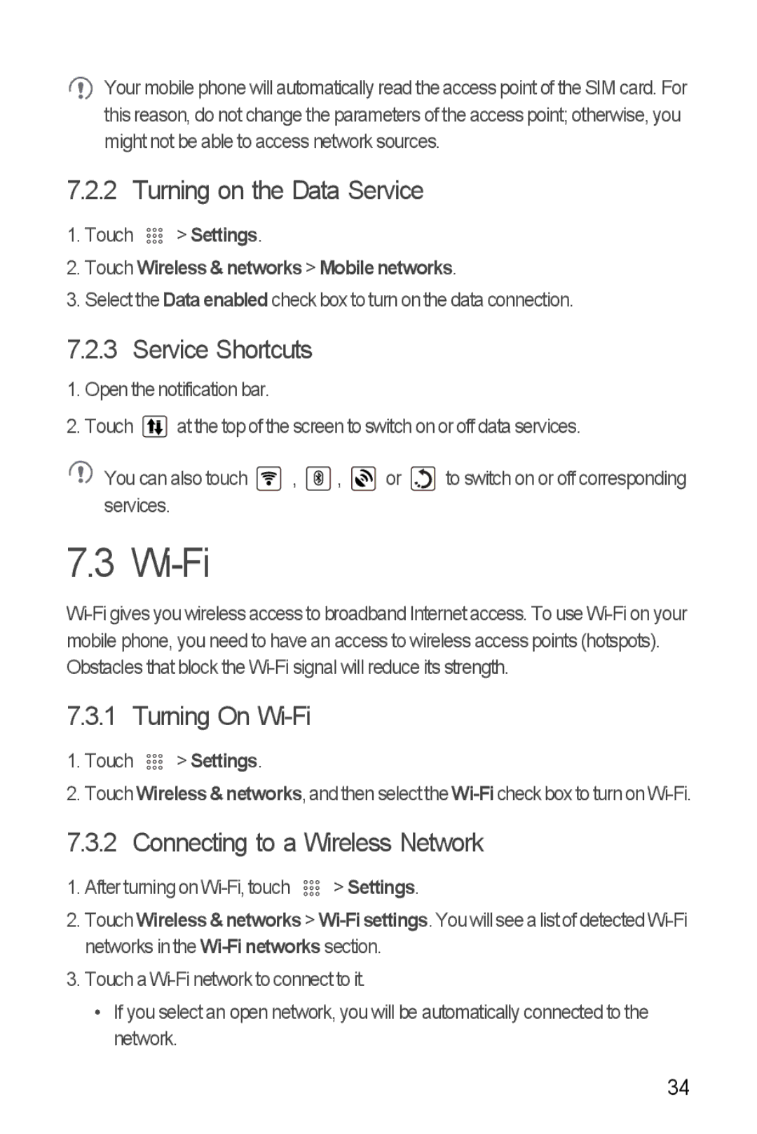 Huawei U8510 manual Turning on the Data Service, Service Shortcuts, Turning On Wi-Fi, Connecting to a Wireless Network 