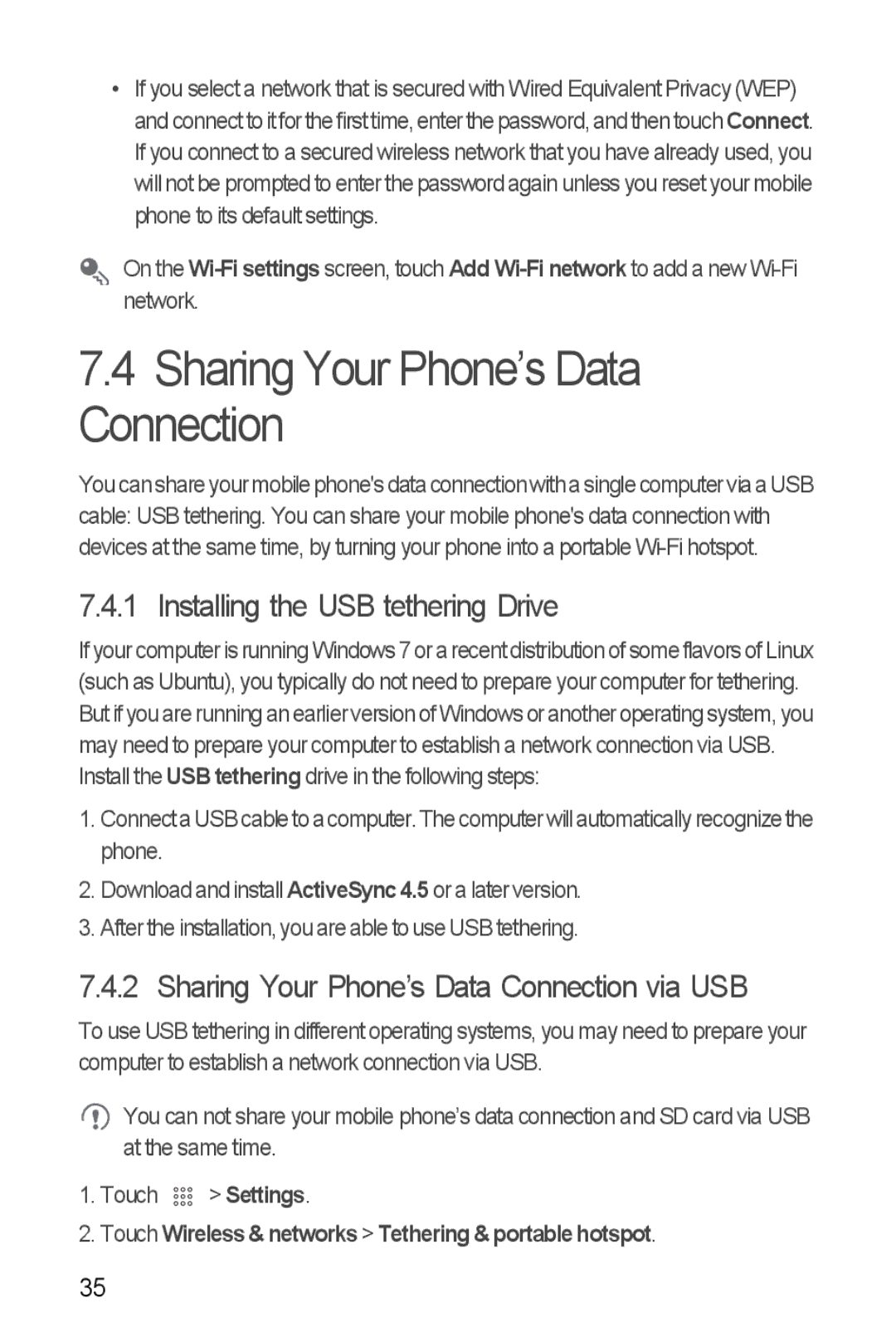 Huawei U8510 manual Sharing Your Phone’s Data Connection, Installing the USB tethering Drive 