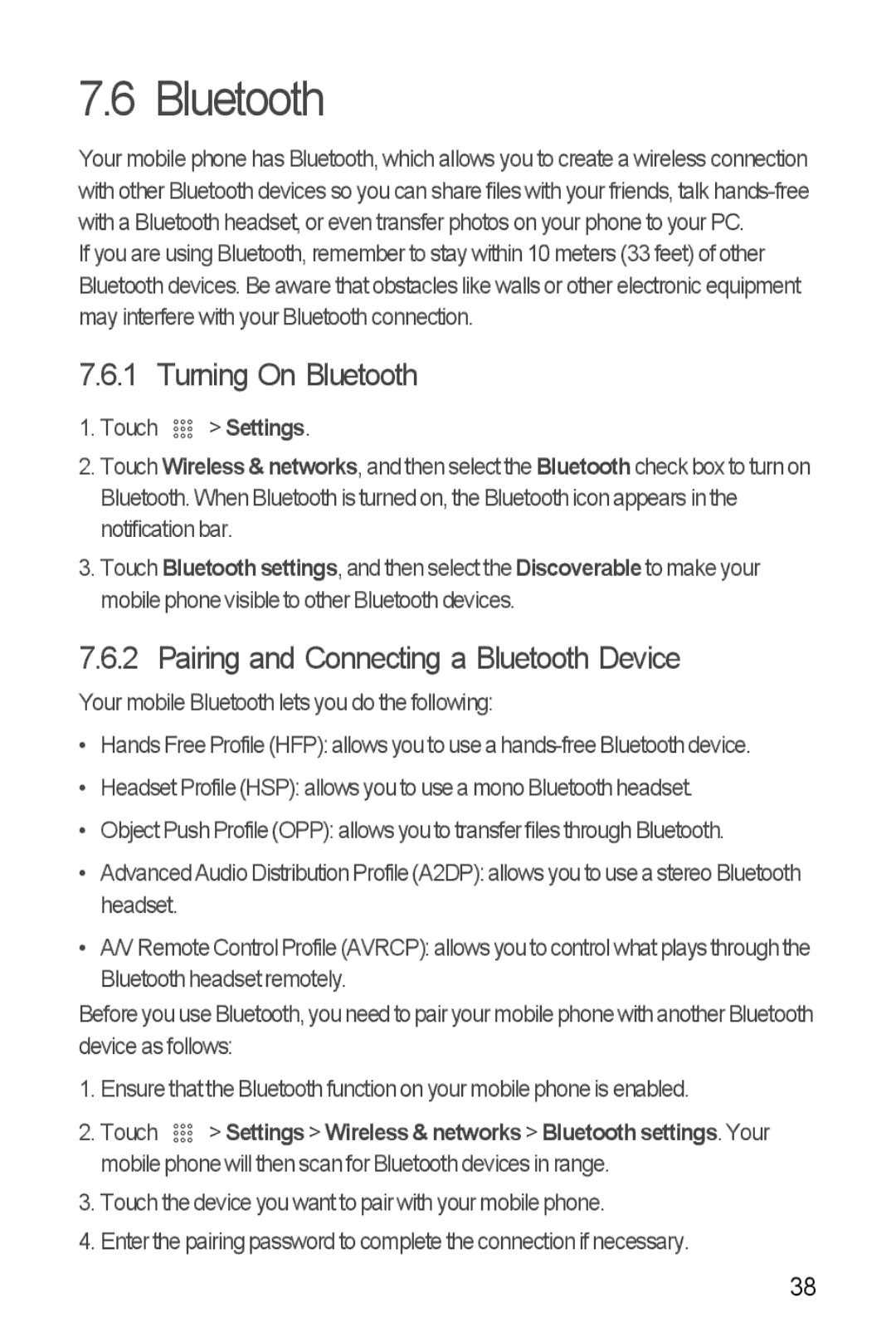 Huawei U8510 manual Turning On Bluetooth, Pairing and Connecting a Bluetooth Device 