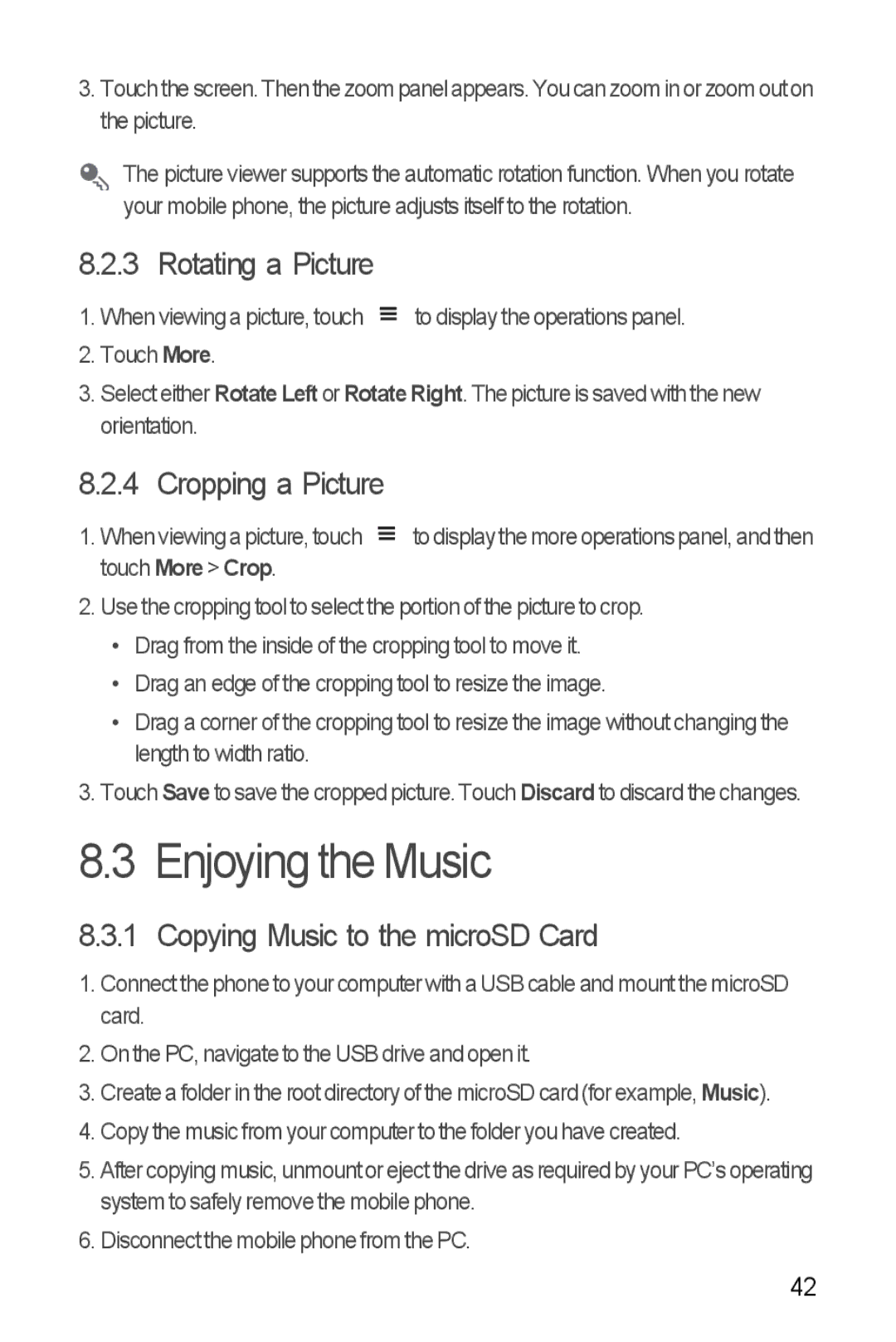 Huawei U8510 manual Enjoying the Music, Rotating a Picture, Cropping a Picture, Copying Music to the microSD Card 