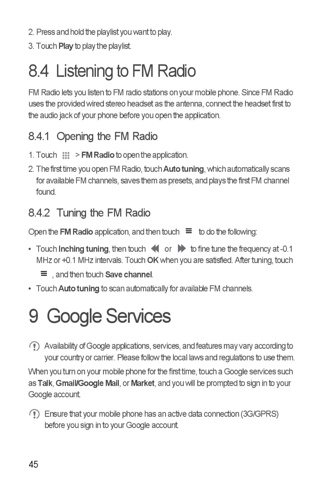 Huawei U8510 manual Google Services, Listening to FM Radio, Opening the FM Radio, Tuning the FM Radio 