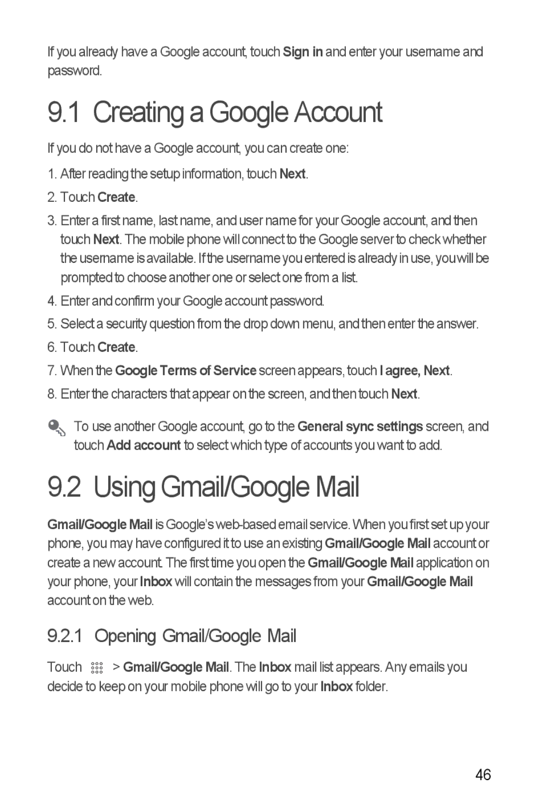 Huawei U8510 manual Creating a Google Account, Using Gmail/Google Mail 