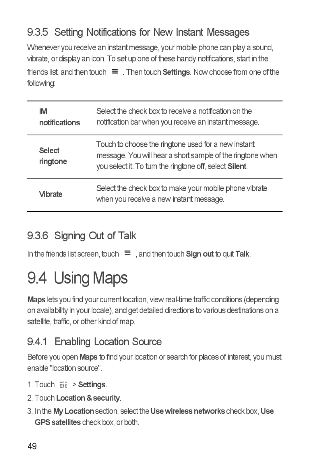 Huawei U8510 Using Maps, Setting Notifications for New Instant Messages, Signing Out of Talk, Enabling Location Source 