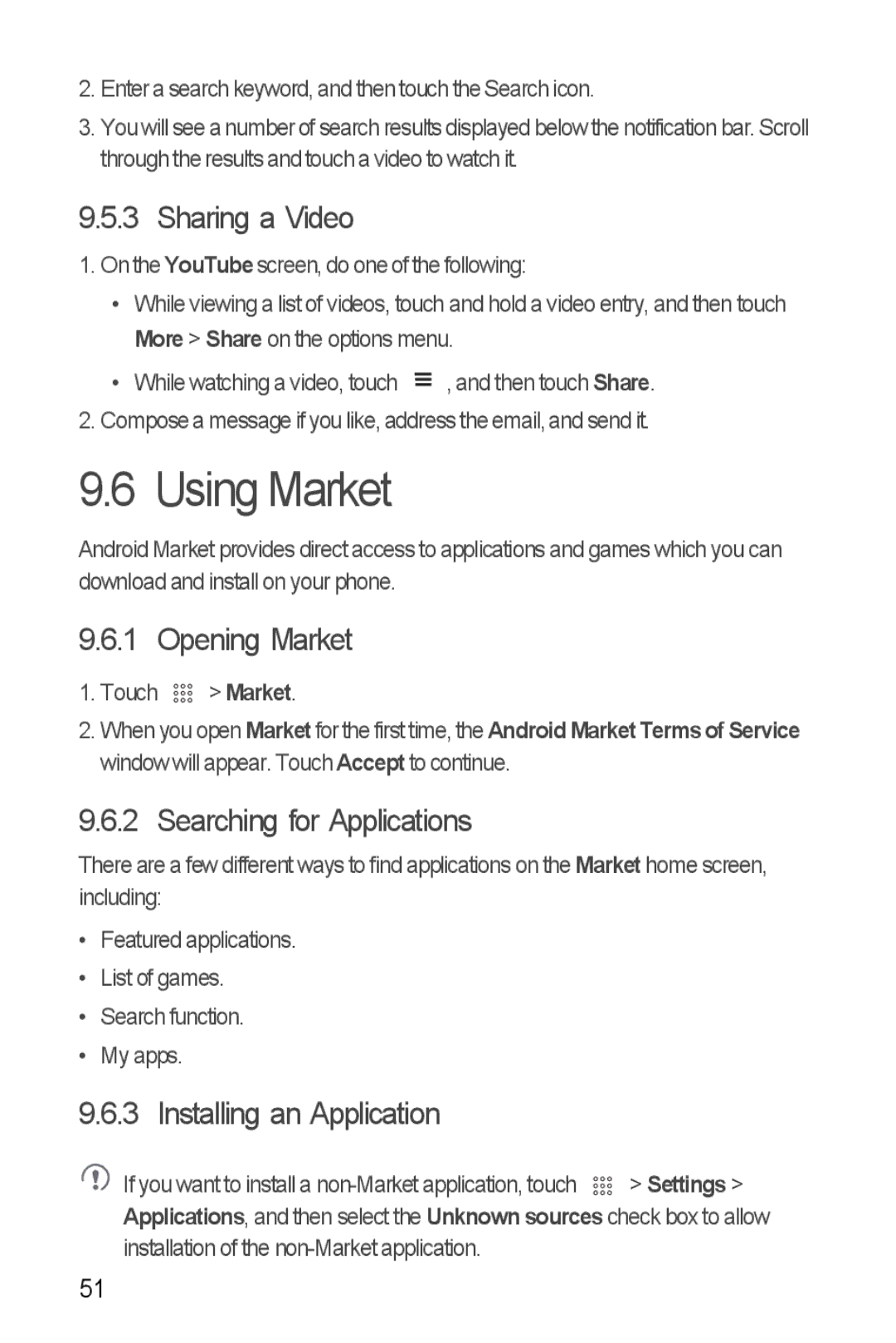 Huawei U8510 manual Using Market, Sharing a Video, Opening Market, Searching for Applications, Installing an Application 