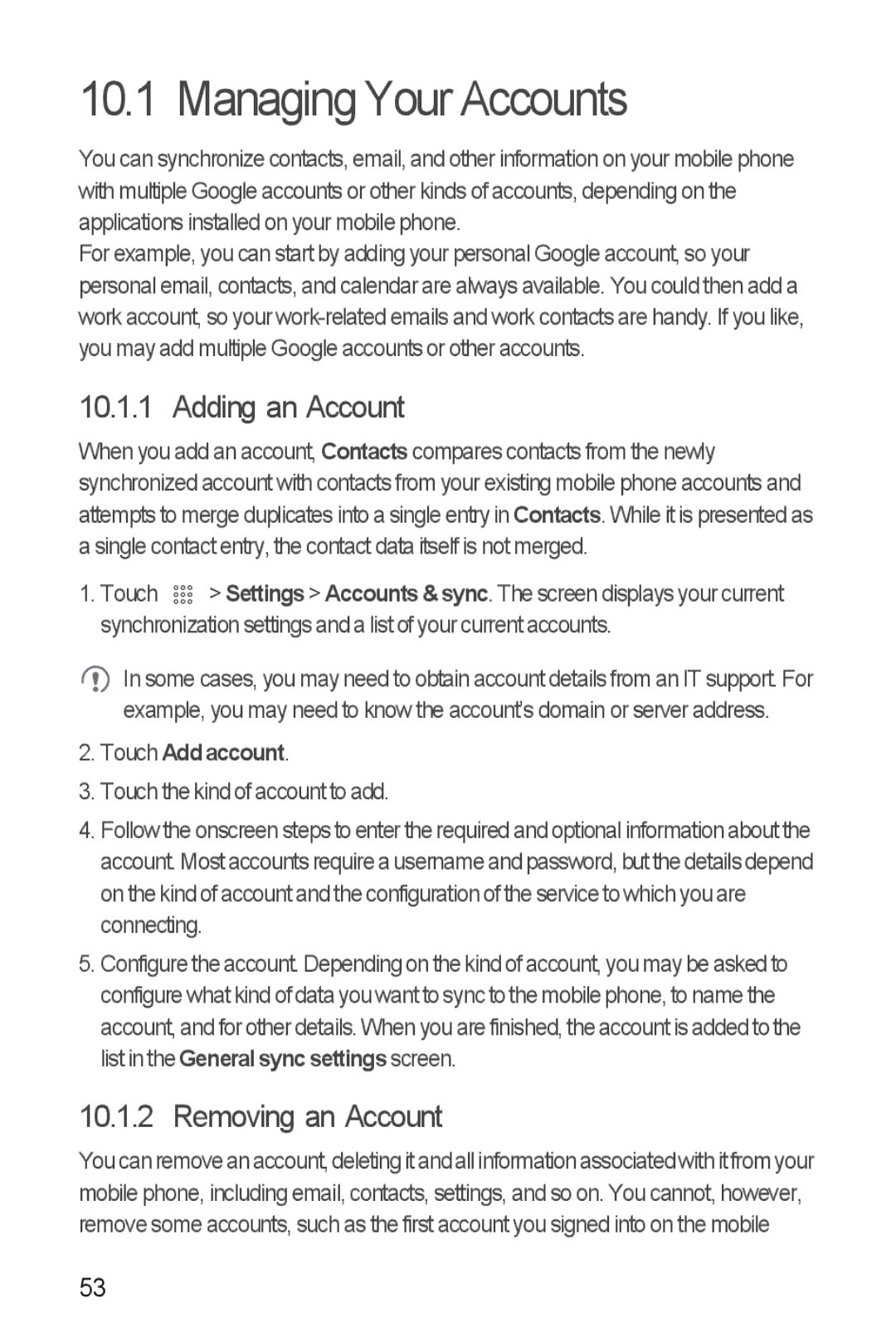 Huawei U8510 manual Managing Your Accounts, Adding an Account, Removing an Account, Touch Add account 