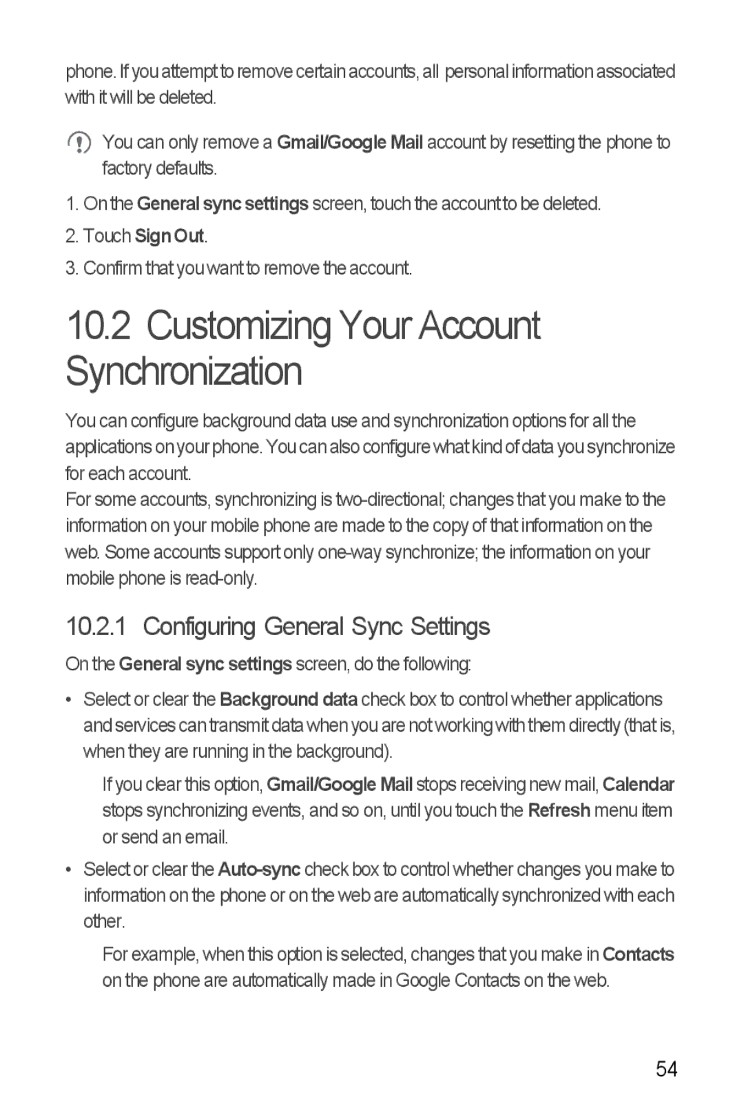 Huawei U8510 manual Customizing Your Account Synchronization, Configuring General Sync Settings, Touch Sign Out 