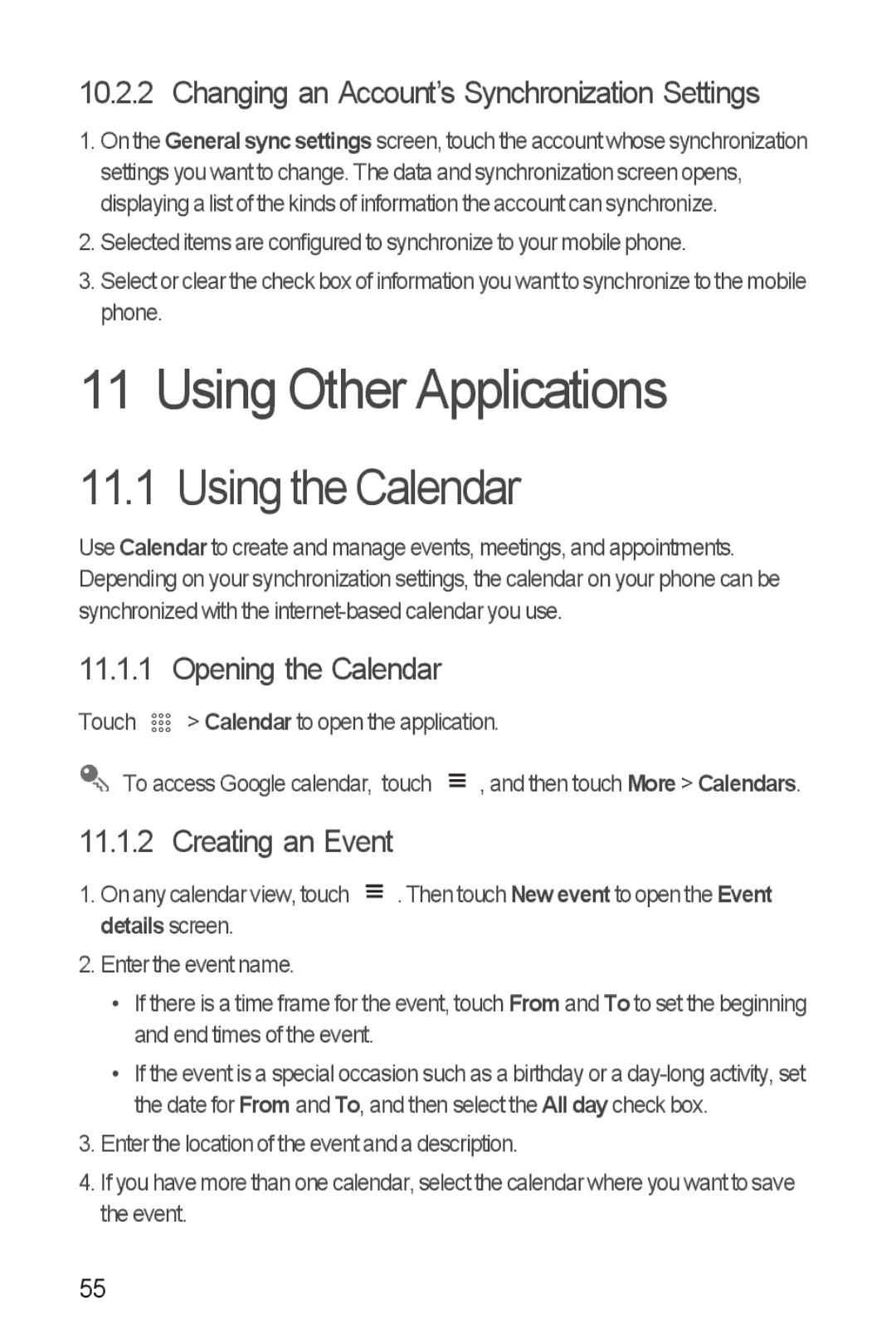 Huawei U8510 manual Using Other Applications, Using the Calendar, Changing an Account’s Synchronization Settings 