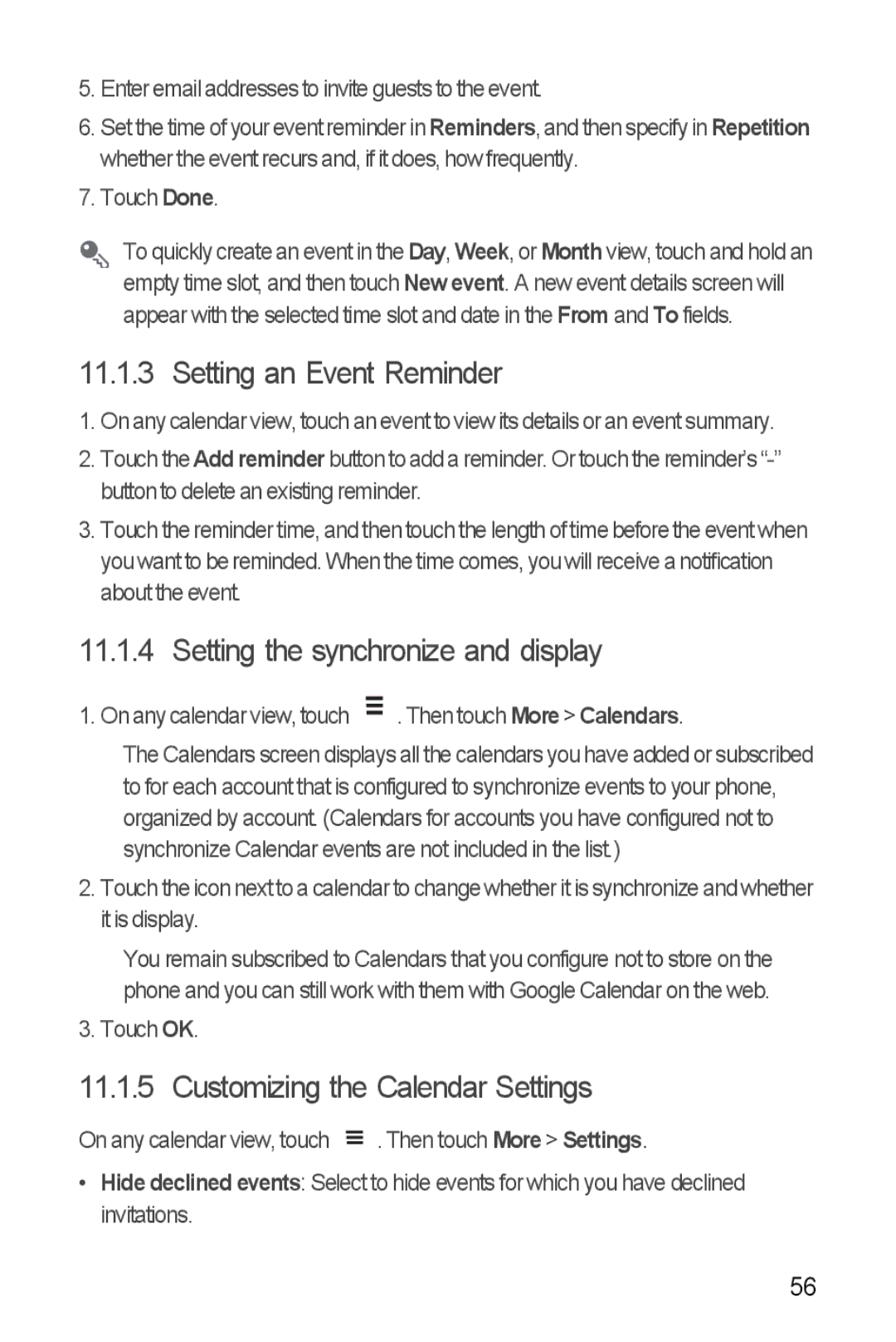 Huawei U8510 manual Setting an Event Reminder, Setting the synchronize and display, Customizing the Calendar Settings 