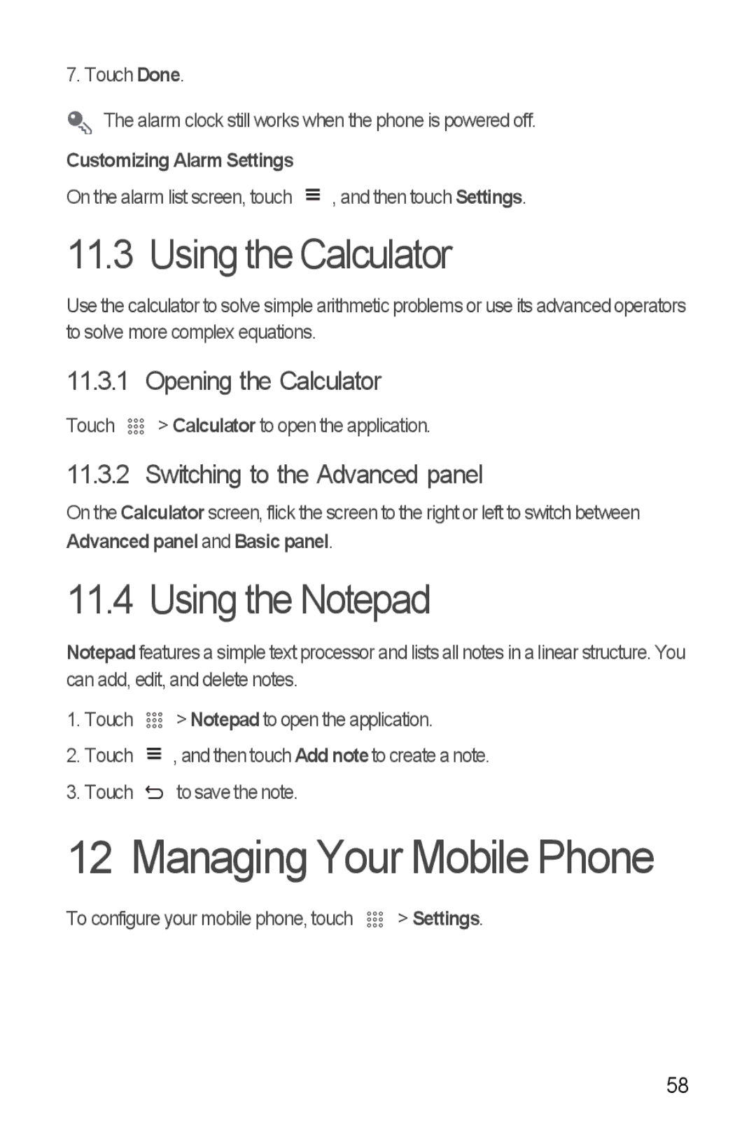 Huawei U8510 manual Managing Your Mobile Phone, Using the Calculator, Using the Notepad, Opening the Calculator 