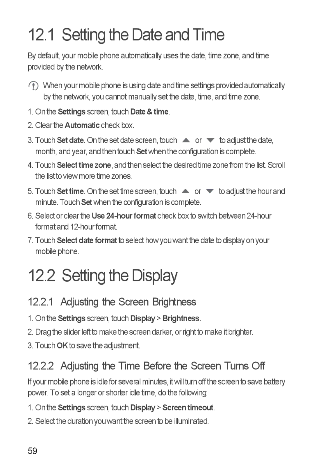 Huawei U8510 manual Setting the Date and Time, Setting the Display, Adjusting the Screen Brightness 