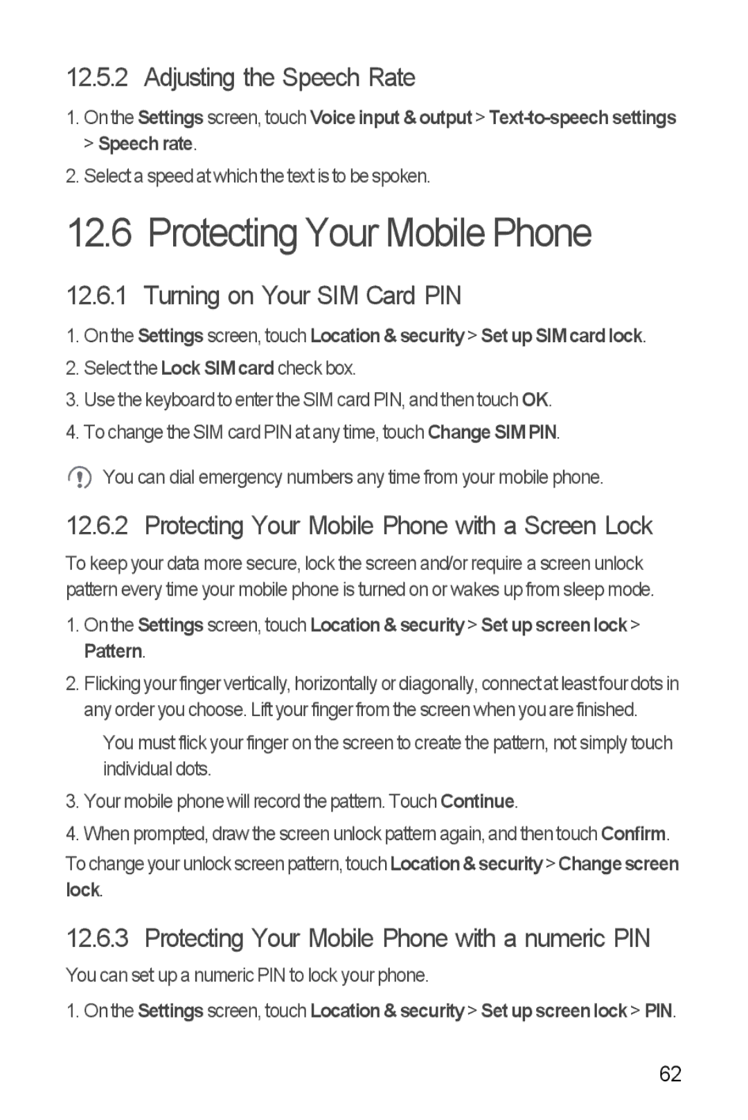 Huawei U8510 manual Protecting Your Mobile Phone, Adjusting the Speech Rate, Turning on Your SIM Card PIN 