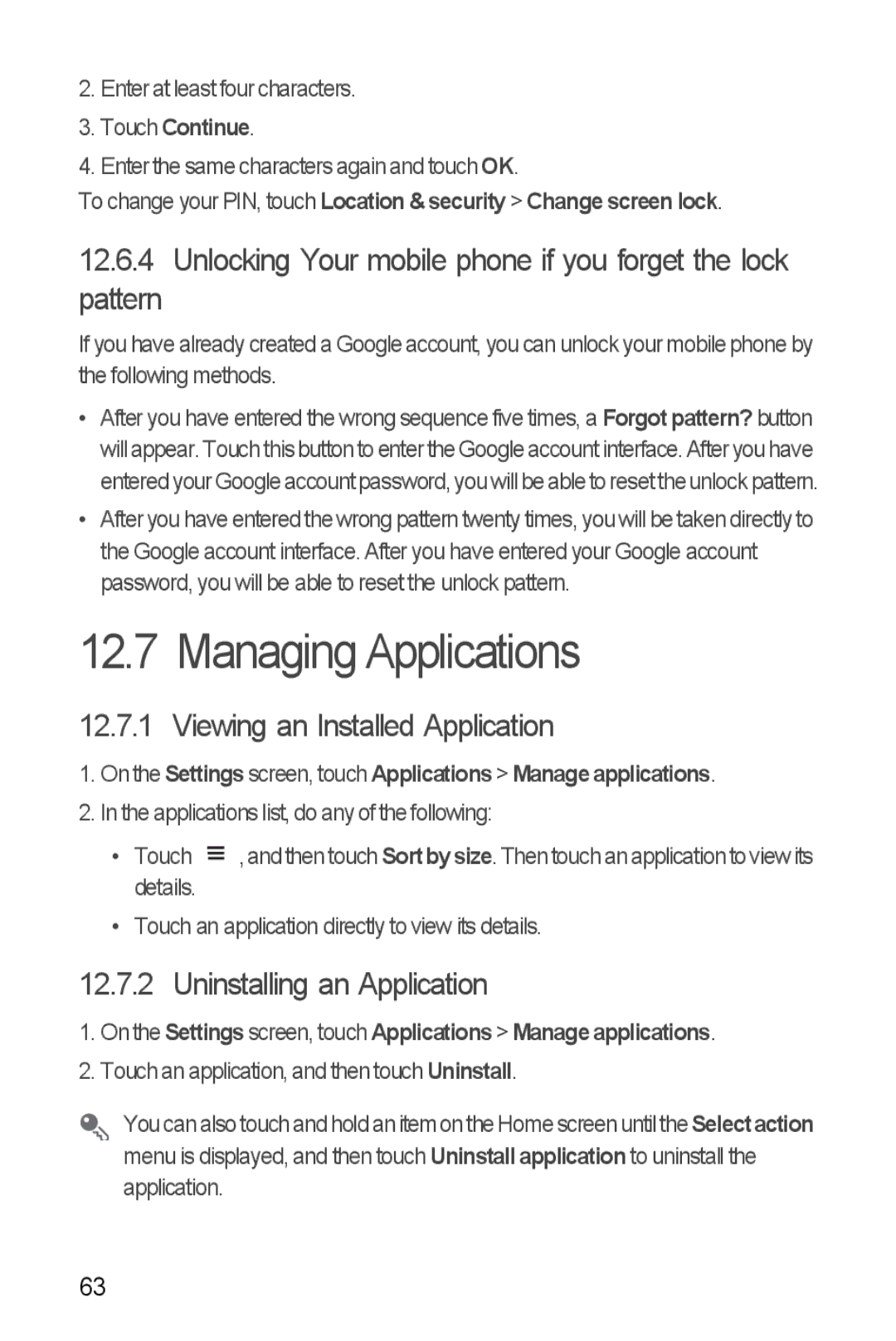 Huawei U8510 manual Managing Applications, Unlocking Your mobile phone if you forget the lock Pattern, Touch Continue 