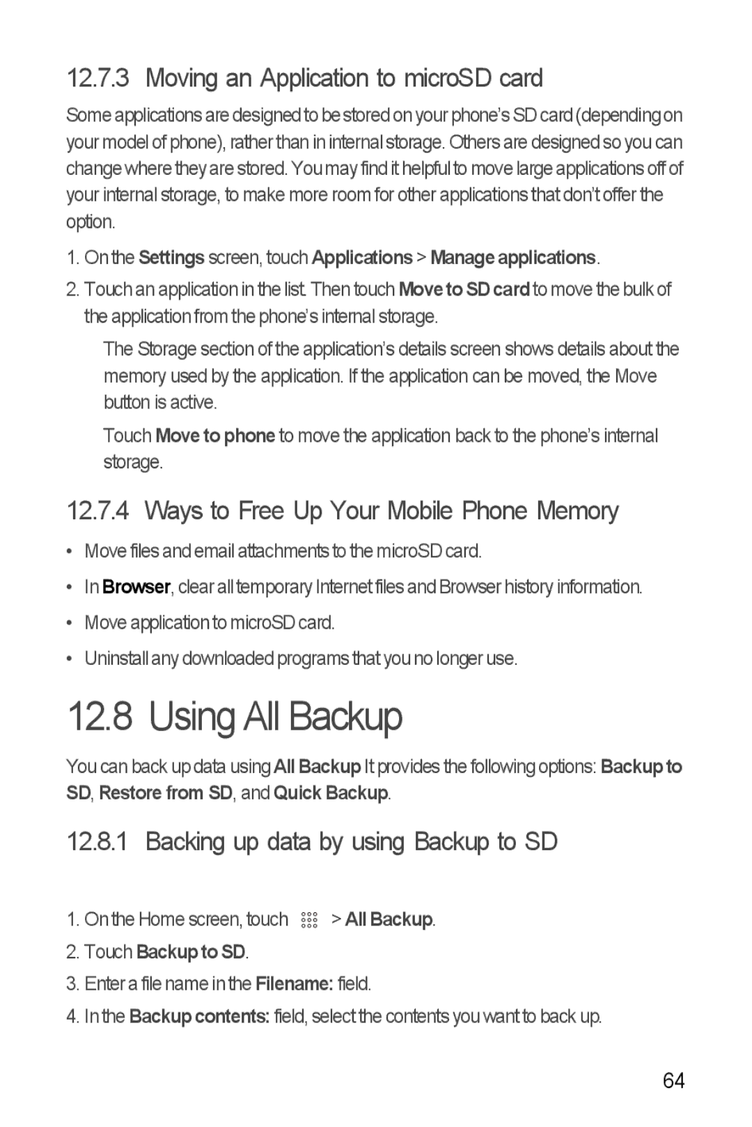 Huawei U8510 manual Using All Backup, Moving an Application to microSD card, Ways to Free Up Your Mobile Phone Memory 