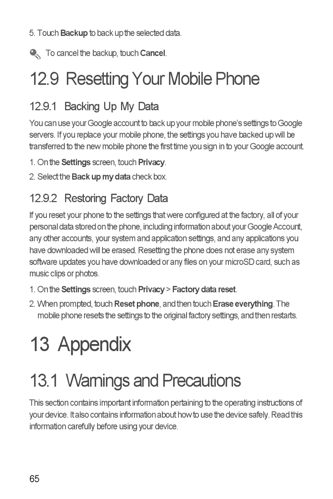 Huawei U8510 manual Appendix, Resetting Your Mobile Phone, Backing Up My Data, Restoring Factory Data 