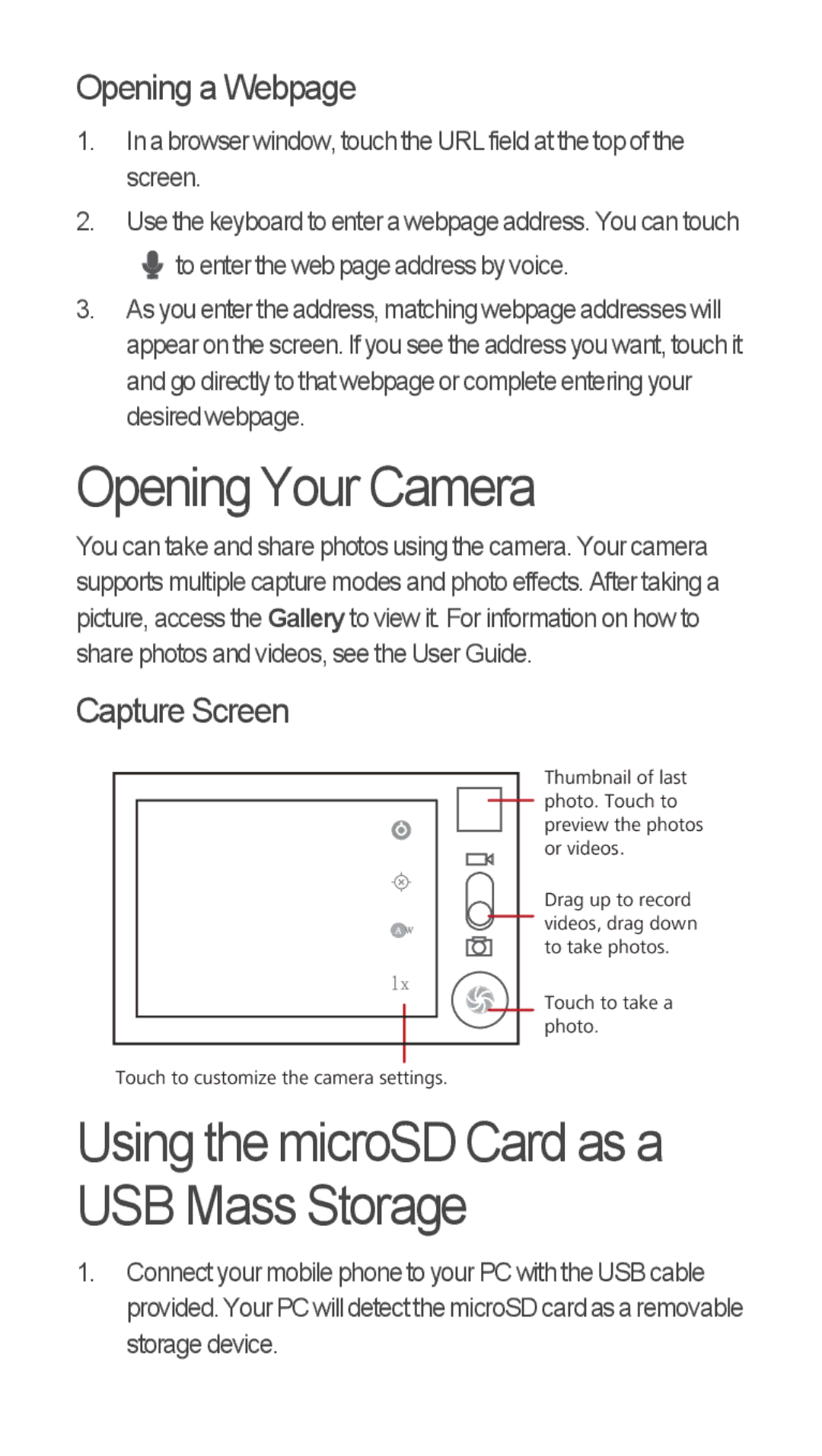 Huawei U8655-1 quick start Opening Your Camera, Using the microSD Card as a USB Mass Storage 