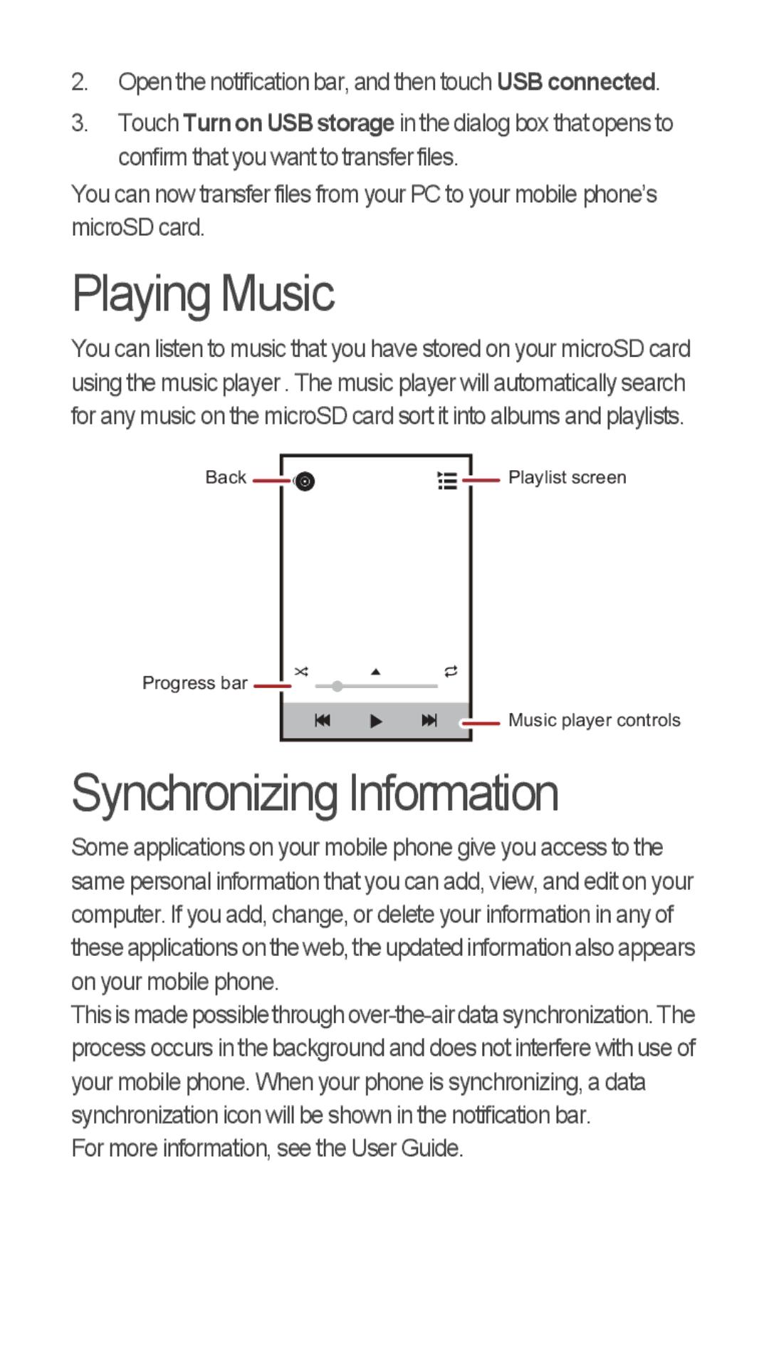 Huawei U8655-1 quick start Playing Music, Synchronizing Information 