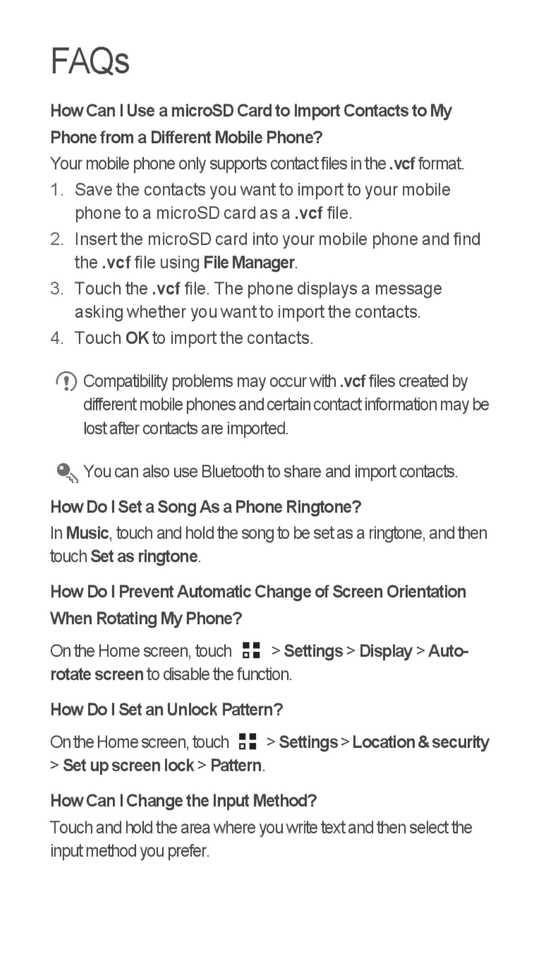 Huawei U8655-1 quick start FAQs, How Do I Set a Song As a Phone Ringtone?, How Do I Set an Unlock Pattern? 