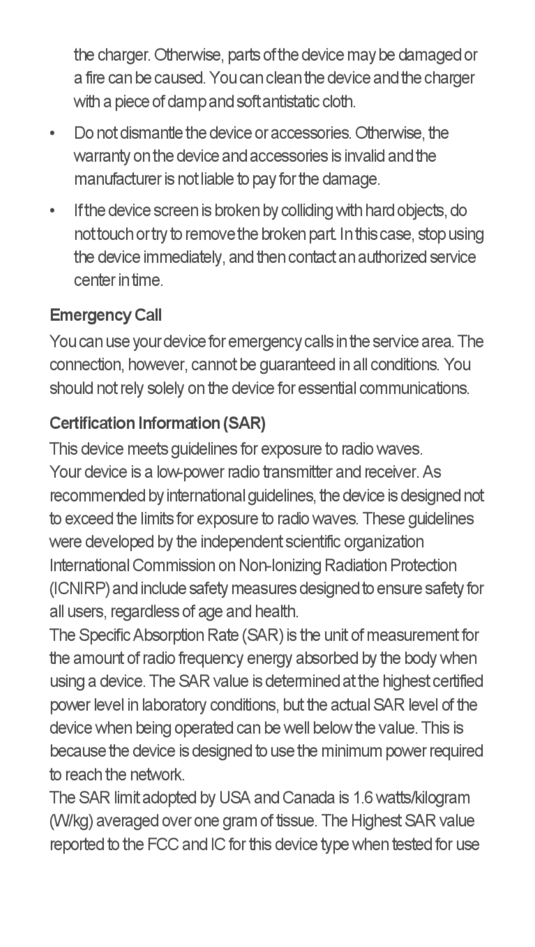 Huawei U8655-1 quick start Emergency Call, Certification Information SAR 