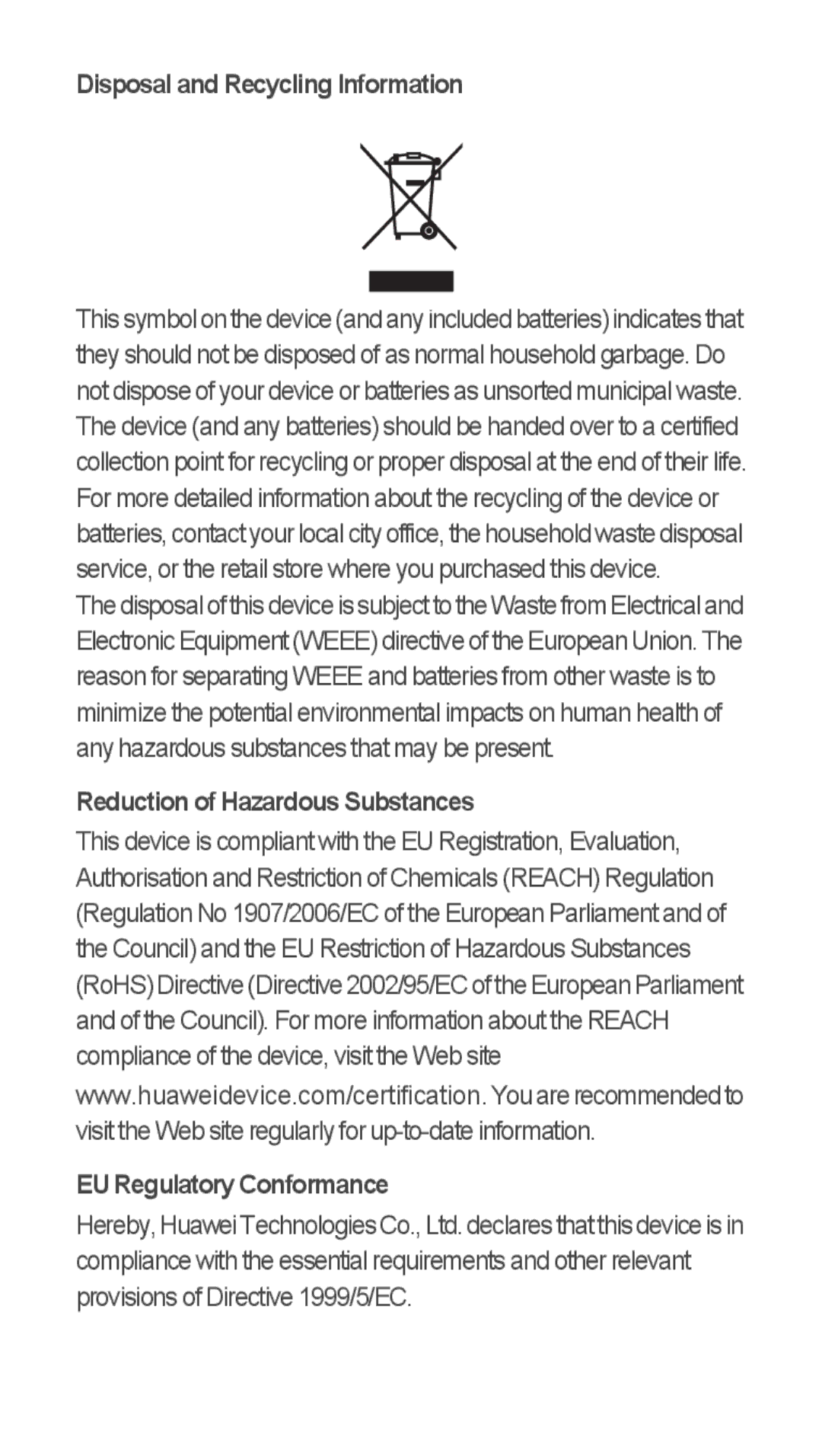 Huawei U8655-1 quick start Disposal and Recycling Information, Reduction of Hazardous Substances EU Regulatory Conformance 