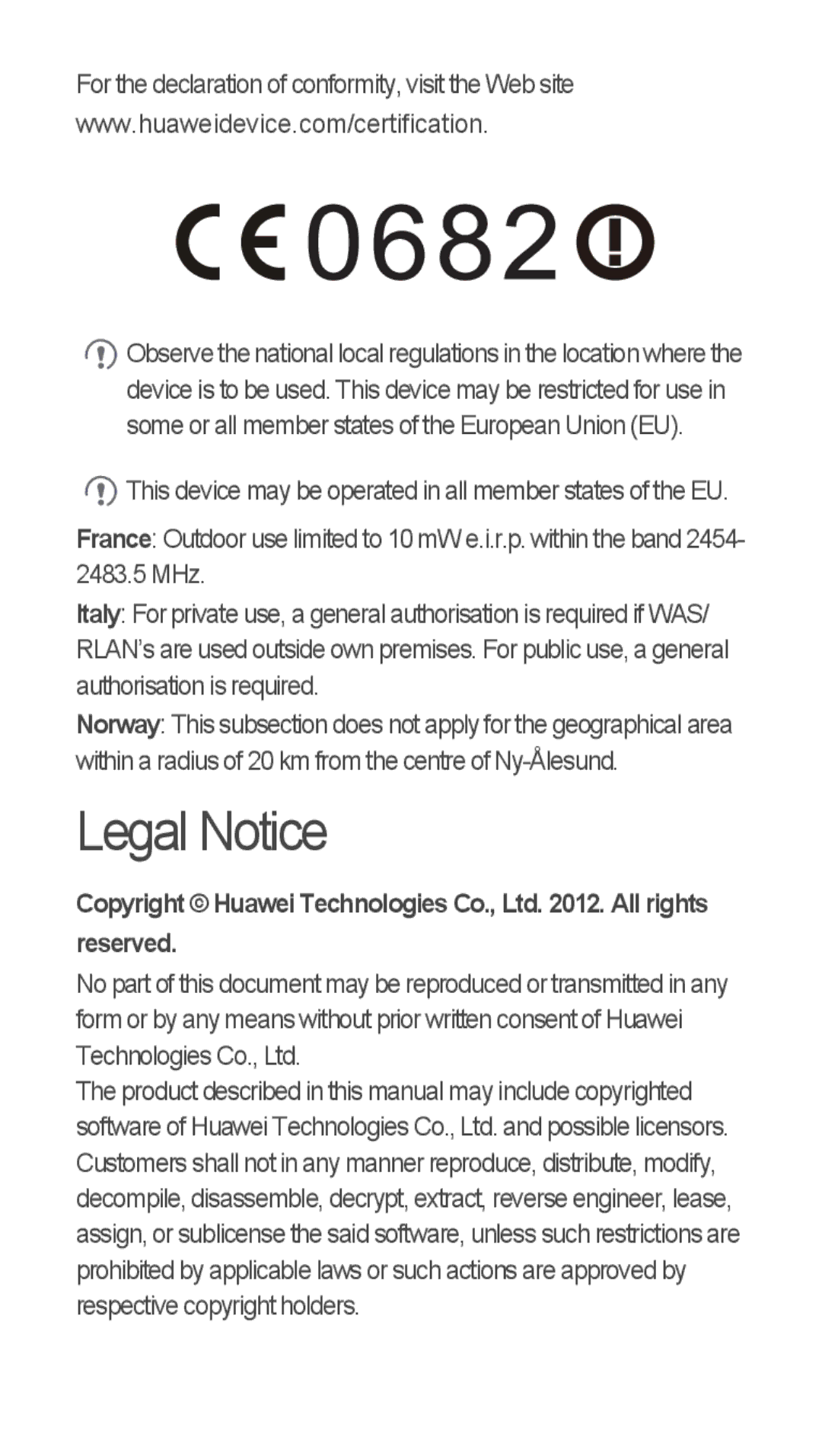 Huawei U8655-1 quick start Legal Notice, For the declaration of conformity, visit the Web site 