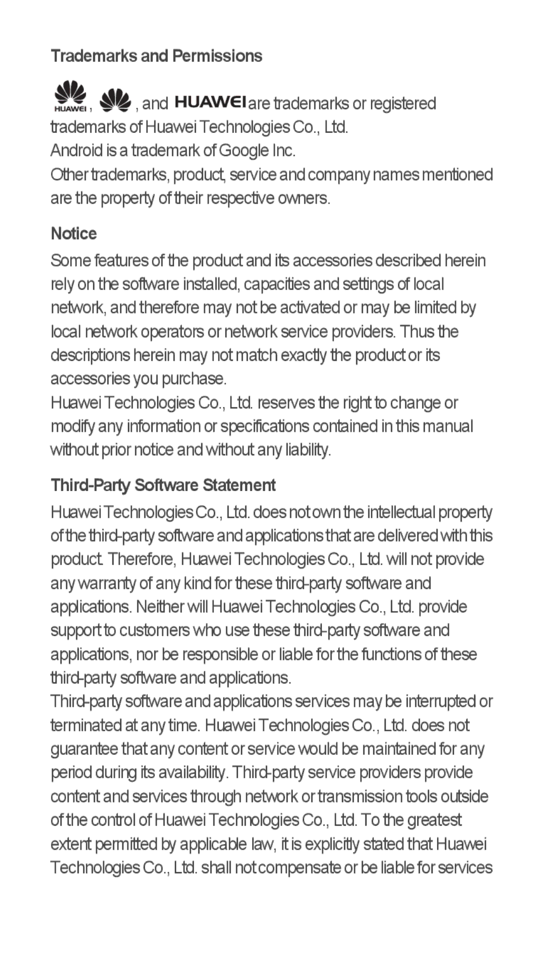 Huawei U8655-1 quick start Trademarks and Permissions, Third-Party Software Statement 