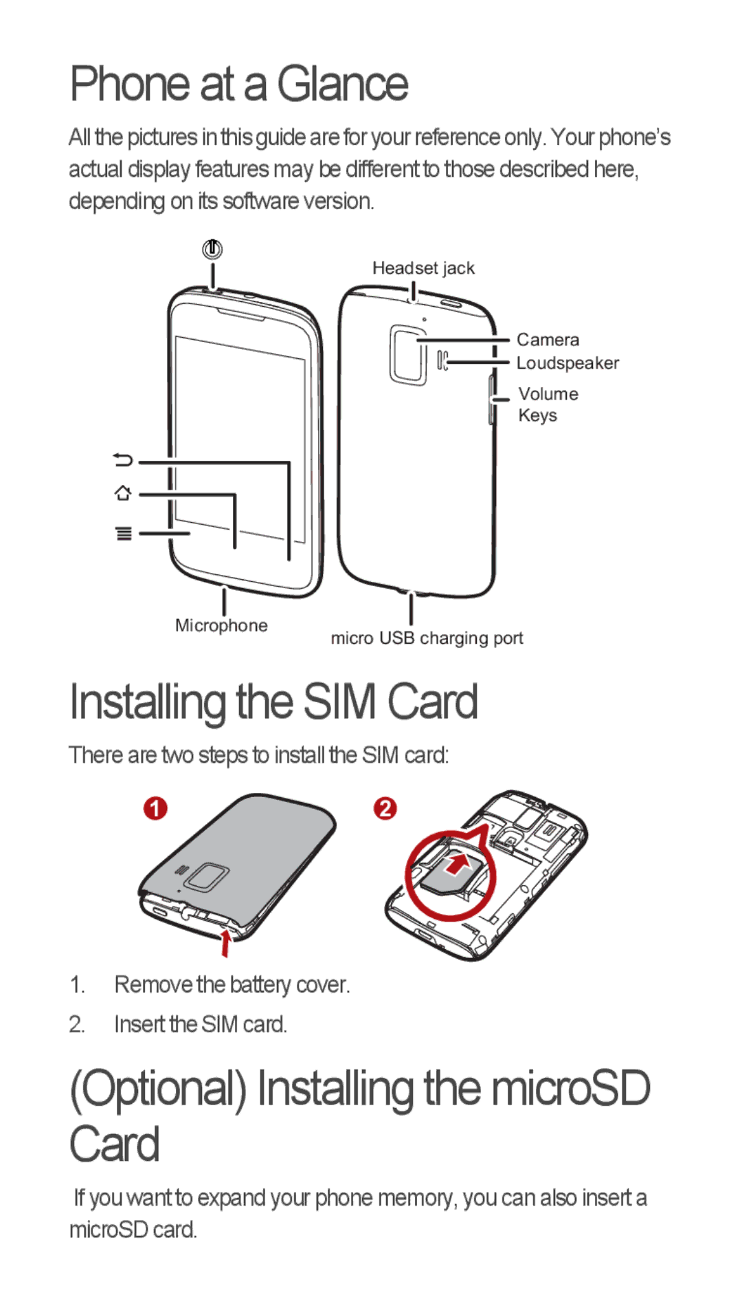 Huawei U8655-1 quick start Phone at a Glance, Installing the SIM Card, Optional Installing the microSD Card 