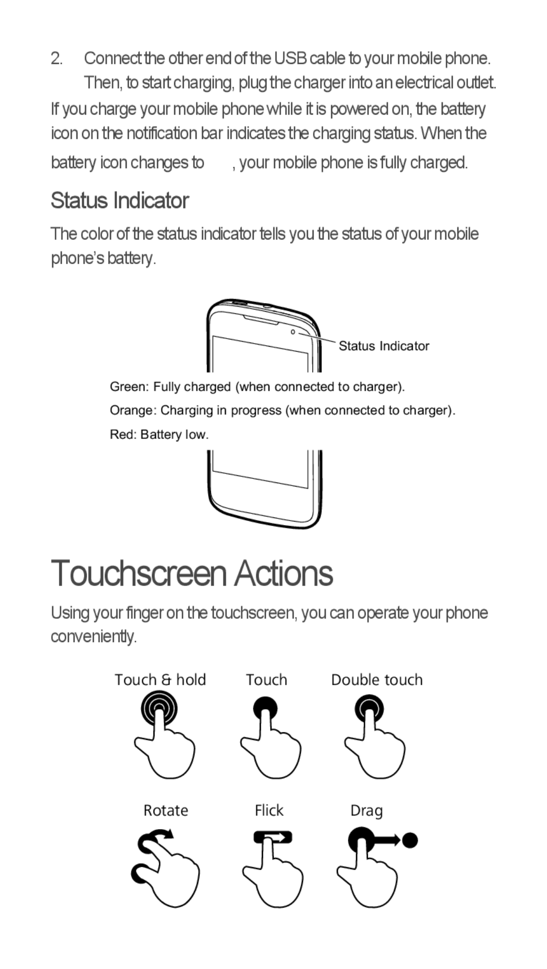 Huawei U8655-1 quick start Touchscreen Actions, Status Indicator 