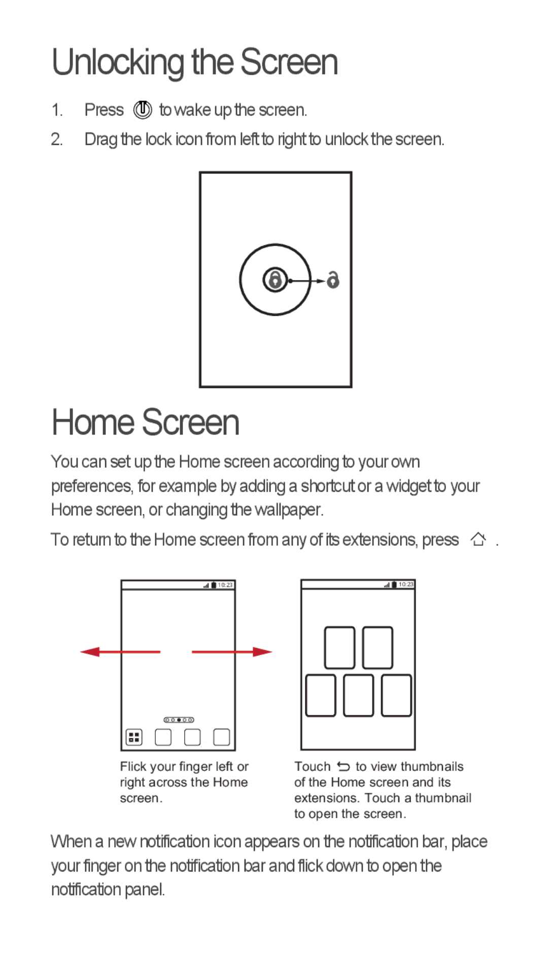 Huawei U8655-1 quick start Unlocking the Screen, Home Screen 