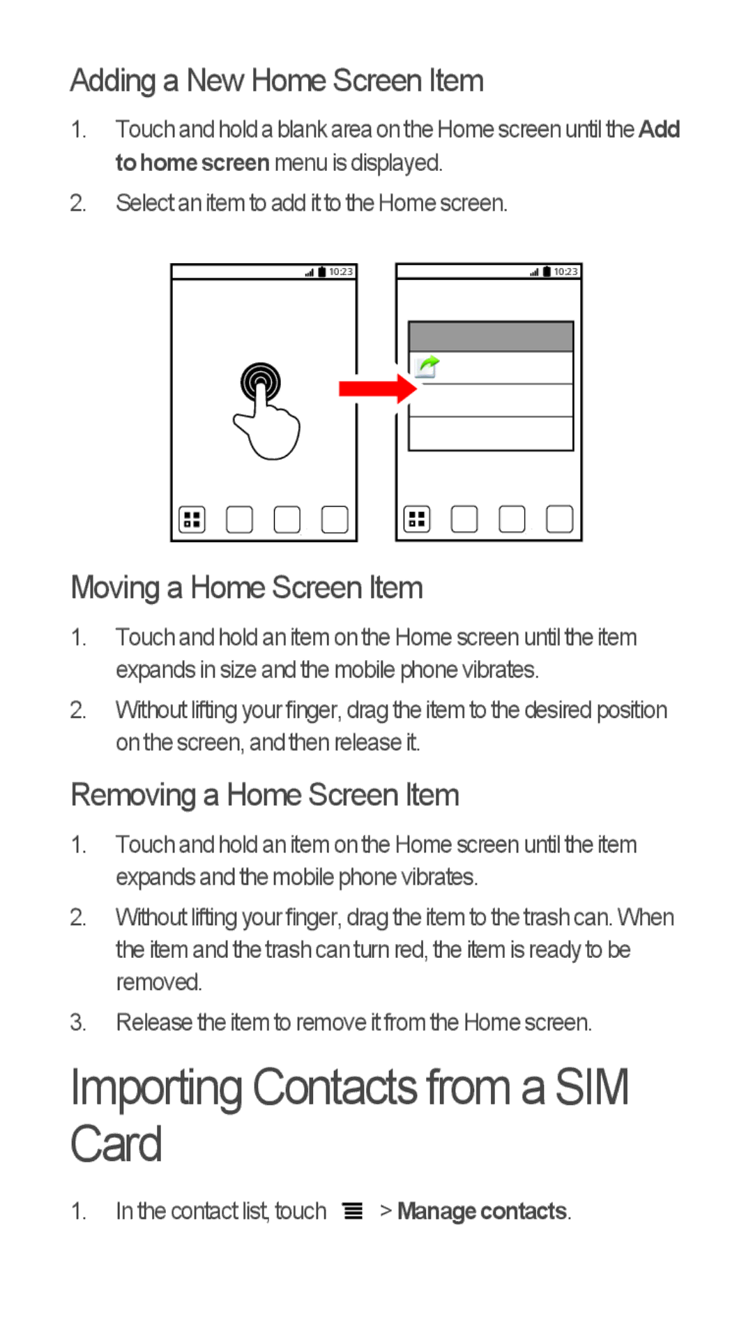 Huawei U8655-1 quick start Importing Contacts from a SIM Card, Adding a New Home Screen Item 