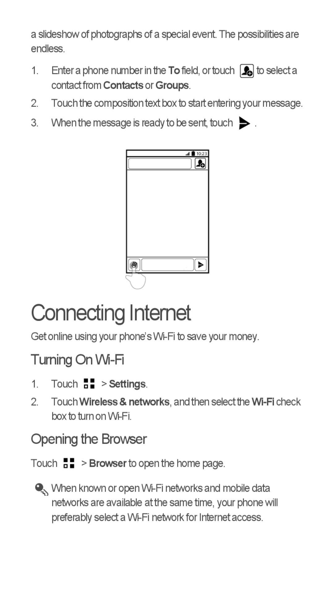 Huawei U8655-1 quick start Connecting Internet, Turning On Wi-Fi, Opening the Browser, Touch Settings 