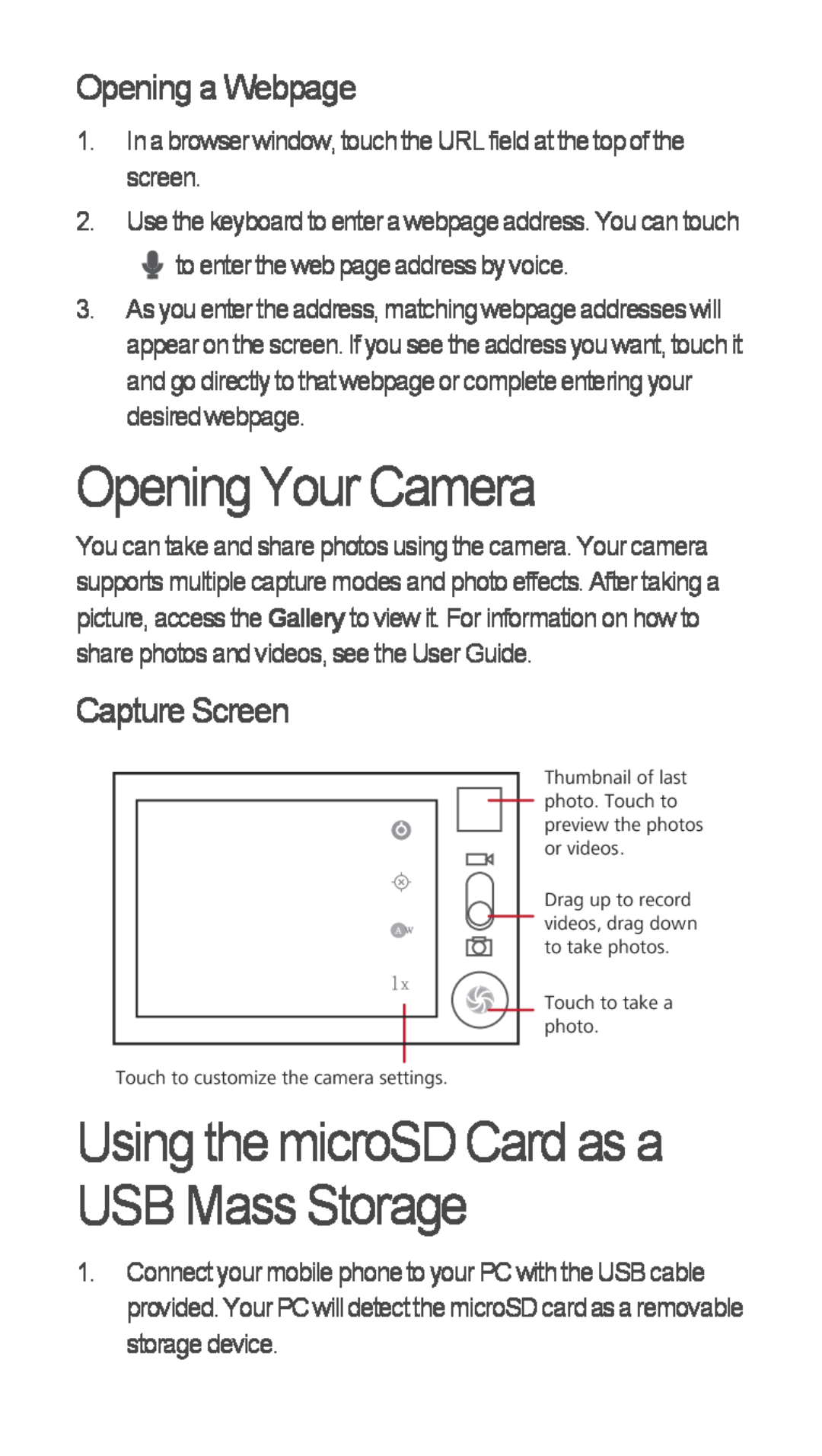 Huawei U8655-1 Opening Your Camera, Using the microSD Card as a USB Mass Storage, Opening a Webpage, Capture Screen 