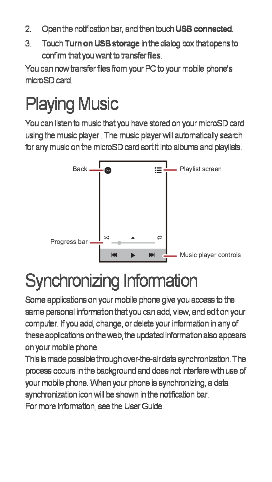 Huawei U8655-1 quick start Playing Music, Synchronizing Information 