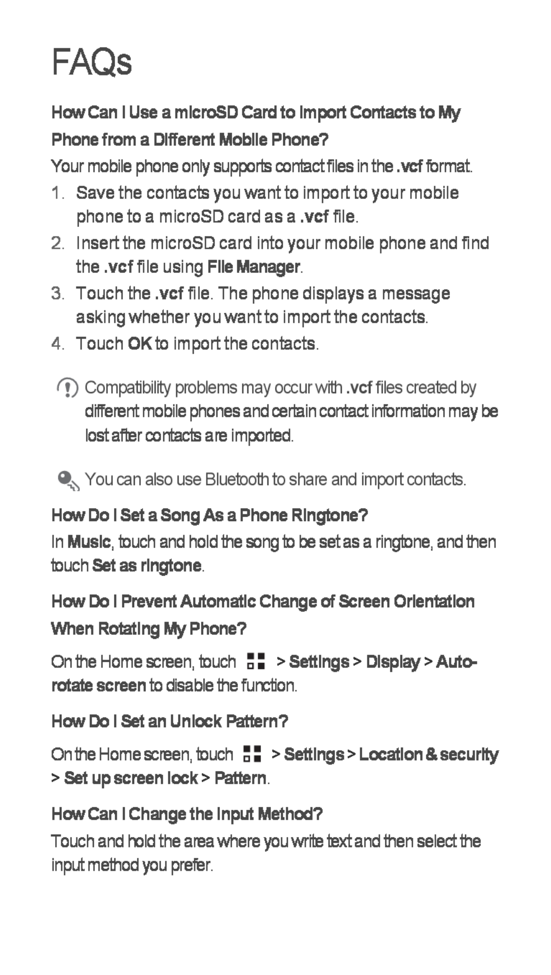 Huawei U8655-1 quick start FAQs, How Do I Set a Song As a Phone Ringtone?, How Do I Set an Unlock Pattern? 