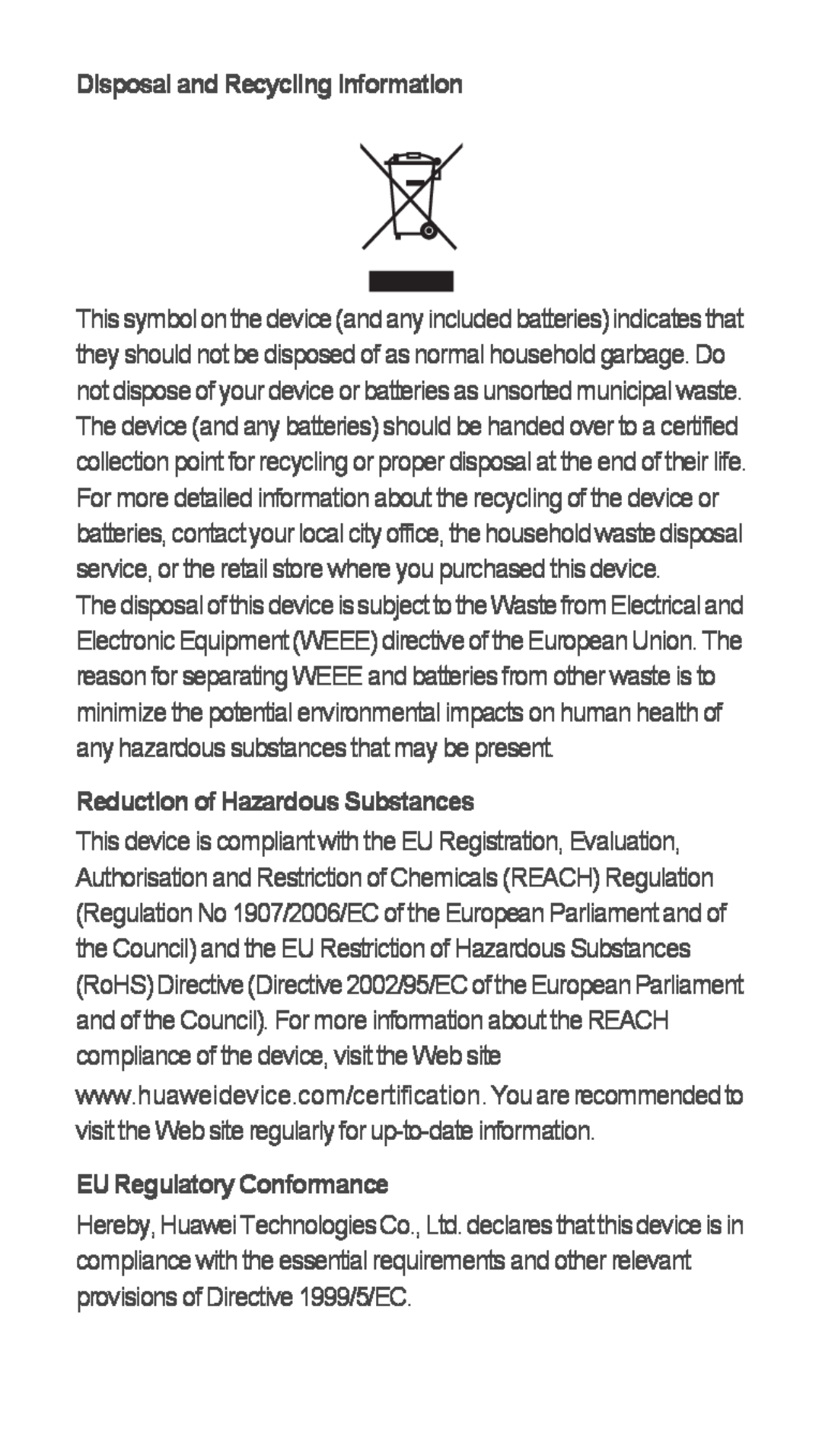 Huawei U8655-1 quick start Disposal and Recycling Information, Reduction of Hazardous Substances, EU Regulatory Conformance 
