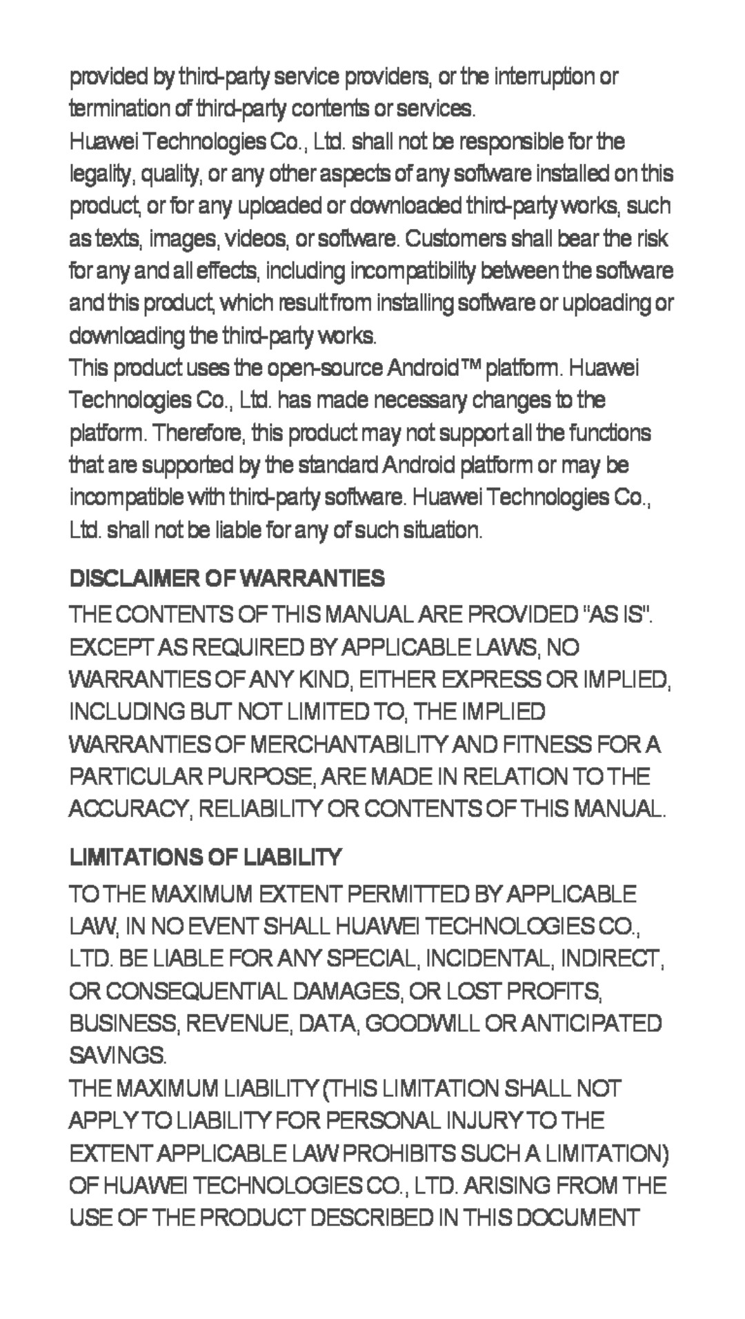Huawei U8655-1 quick start Disclaimer Of Warranties, Limitations Of Liability 