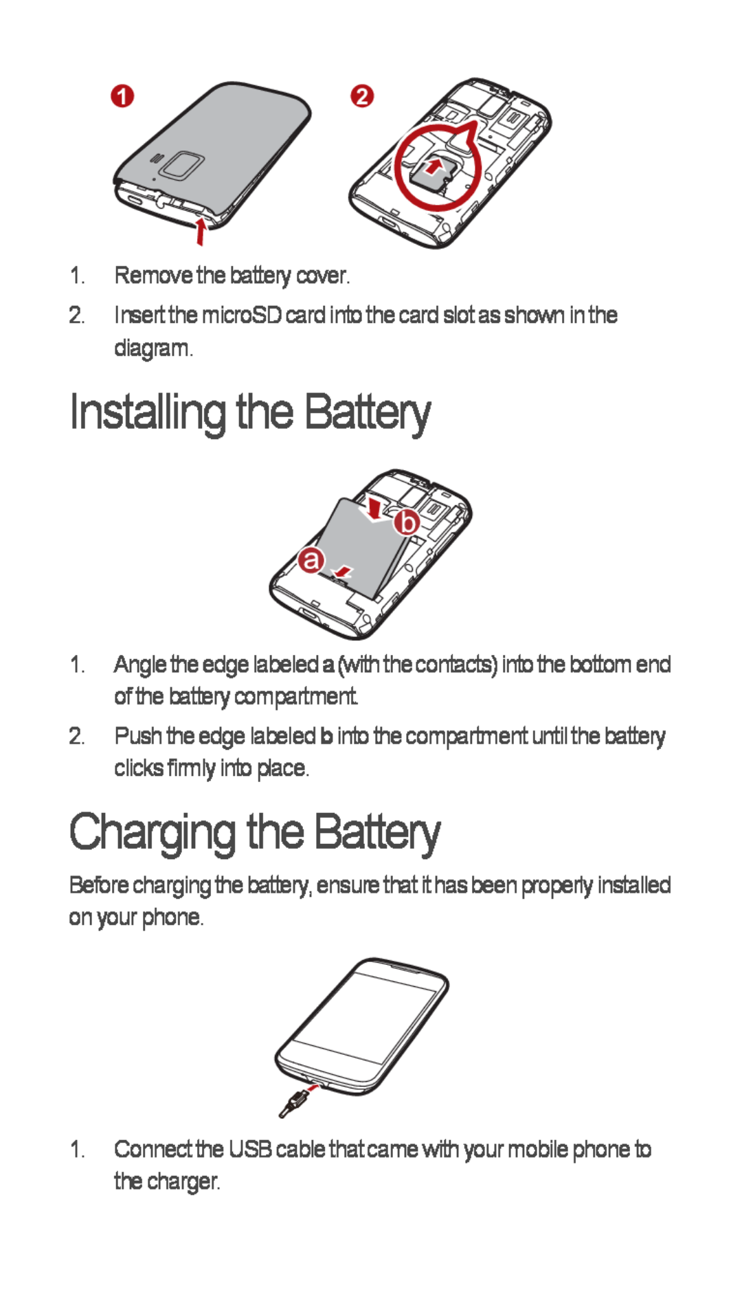 Huawei U8655-1 quick start Installing the Battery, Charging the Battery 
