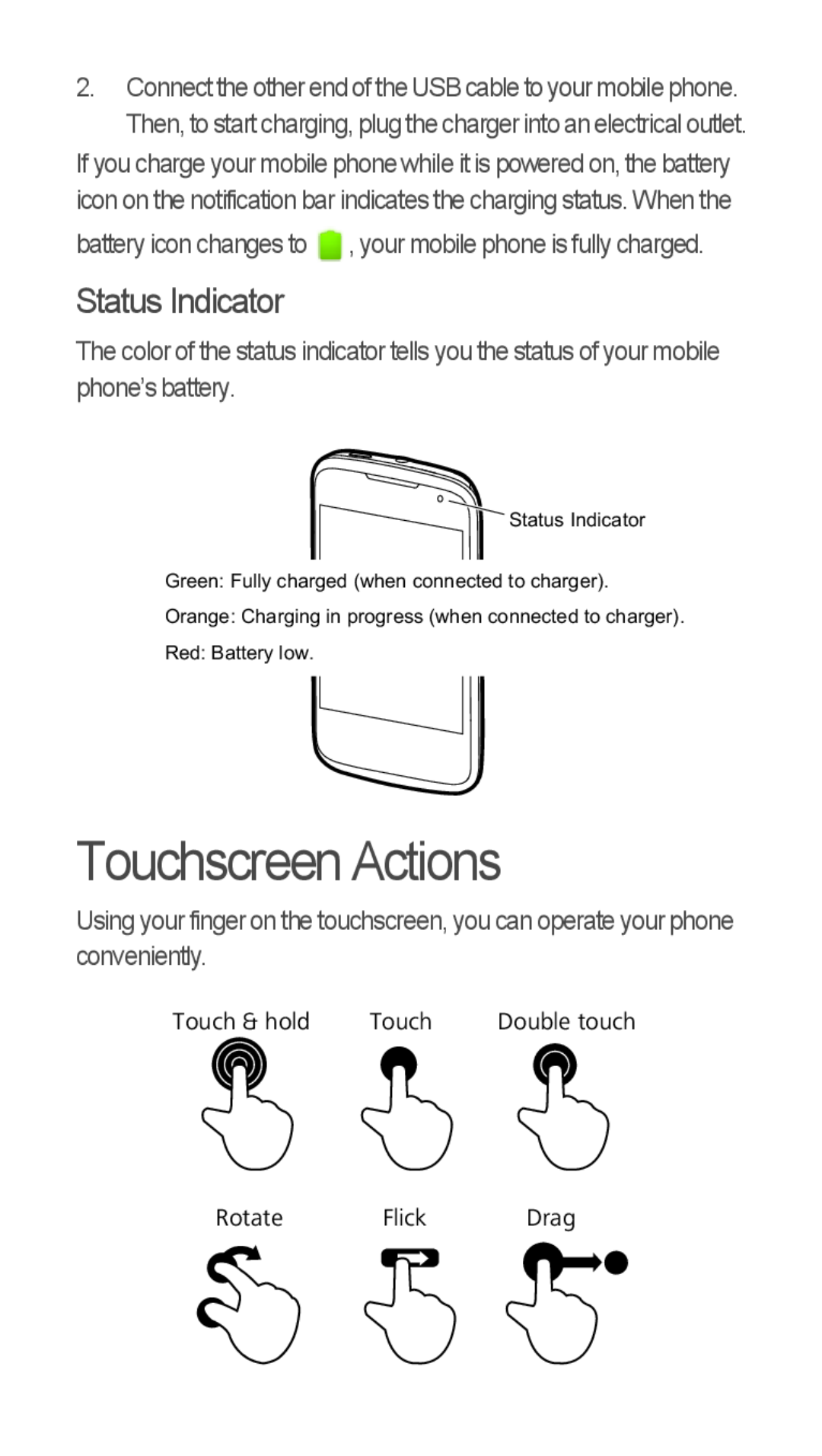 Huawei U8655-1 quick start Touchscreen Actions, Status Indicator 