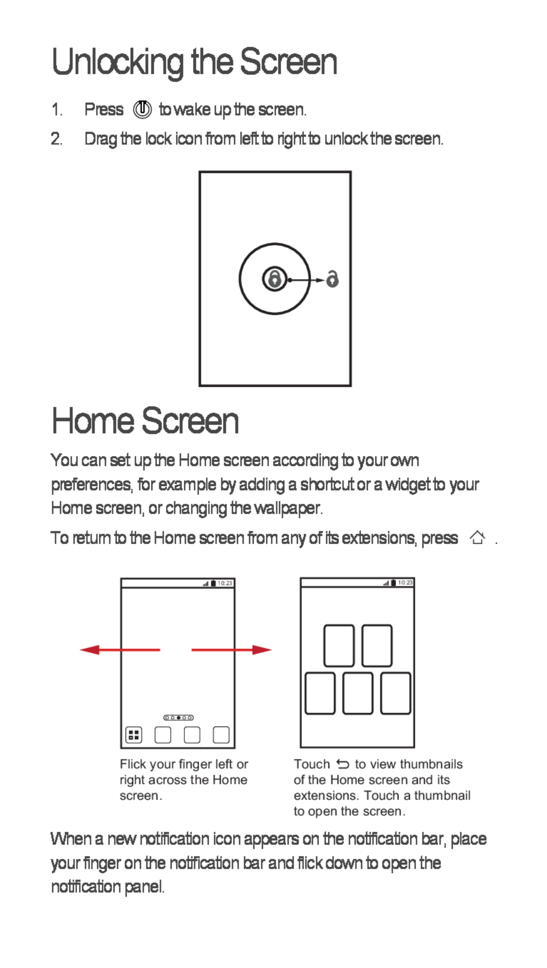 Huawei U8655-1 quick start Unlocking the Screen, Home Screen 