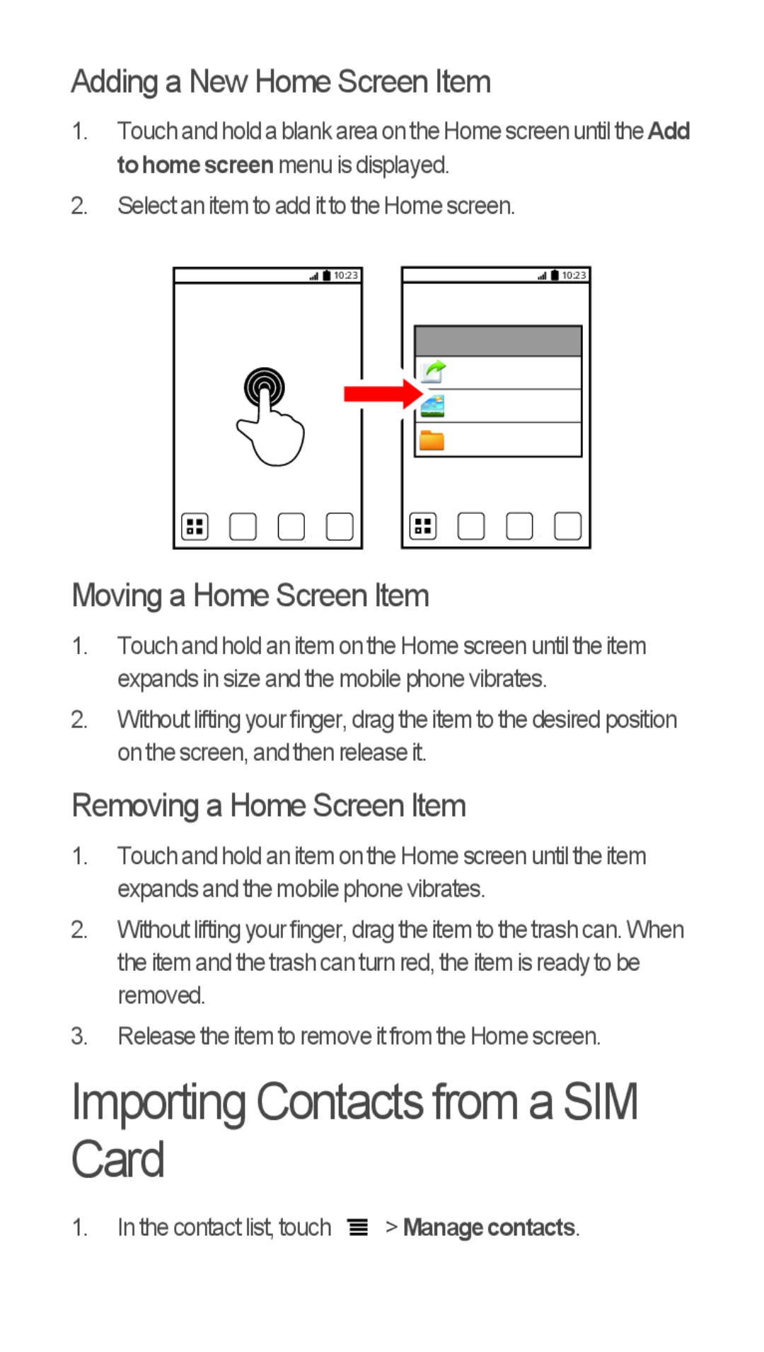 Huawei U8655-1 quick start Importing Contacts from a SIM Card, Adding a New Home Screen Item, Moving a Home Screen Item 