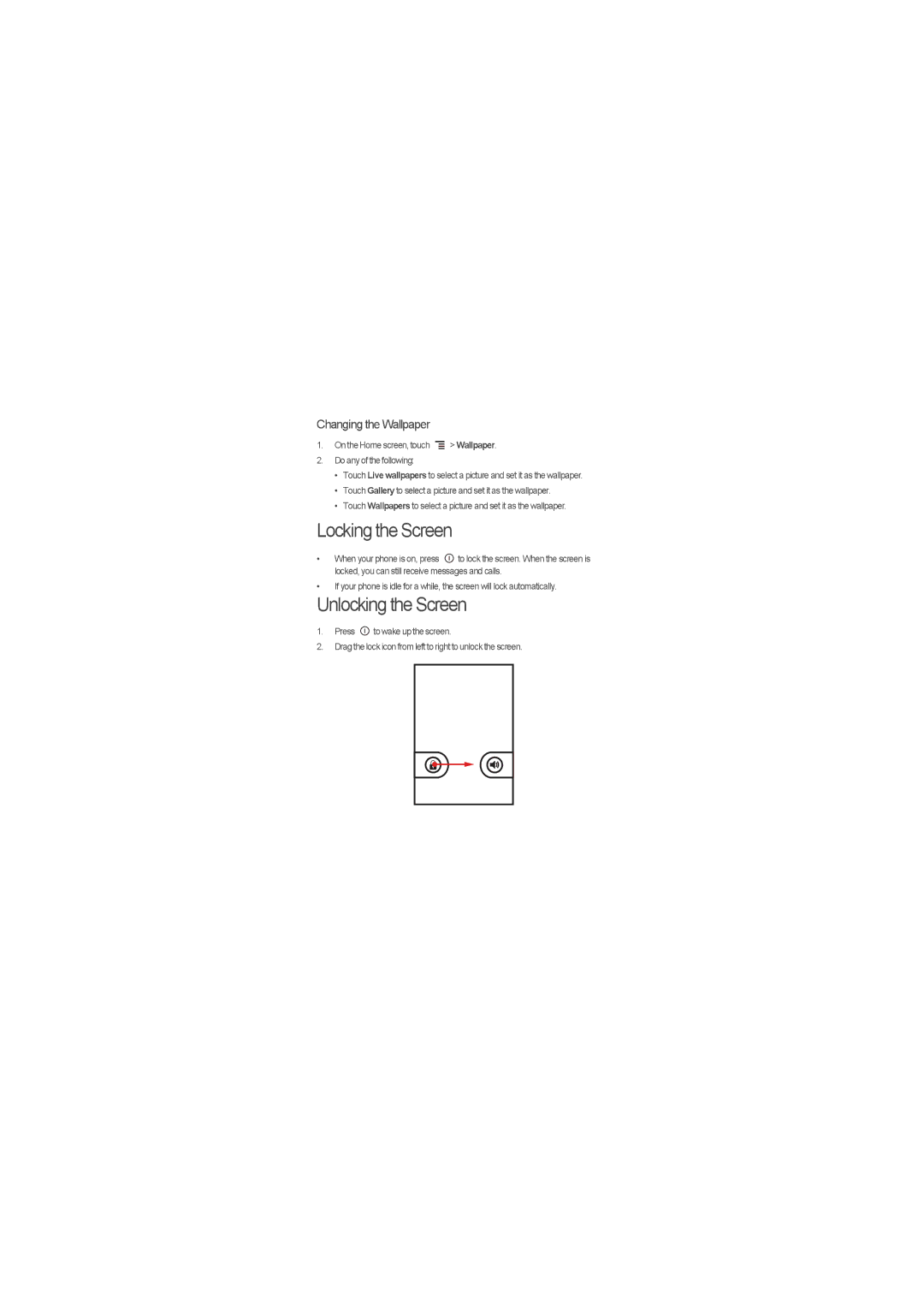 Huawei U8800-51 quick start Locking the Screen, Unlocking the Screen, Changing the Wallpaper 