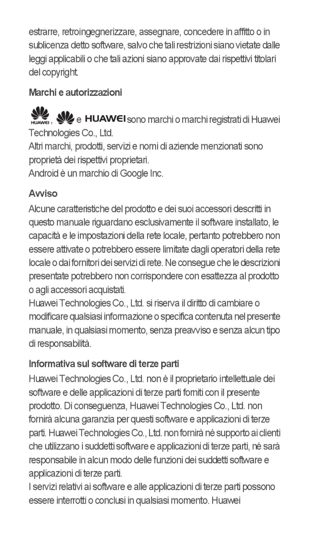 Huawei u8815 quick start Marchi e autorizzazioni, Avviso, Informativa sul software di terze parti 